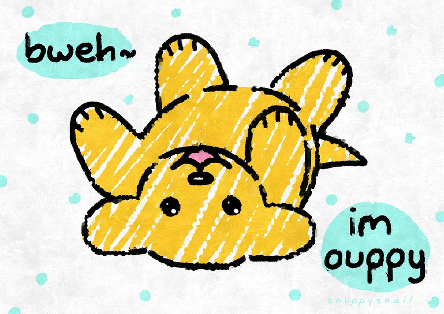 snuppy puppy laying on its back in a silly playful manner, it says "bweh im ouppy (puppy)"