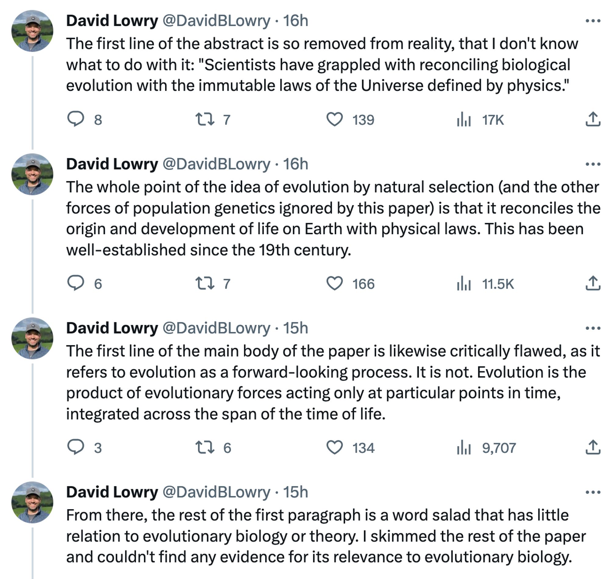 The first line of the abstract is so removed from reality, that I don't know what to do with it: "Scientists have grappled with reconciling biological evolution with the immutable laws of the Universe defined by physics."

…