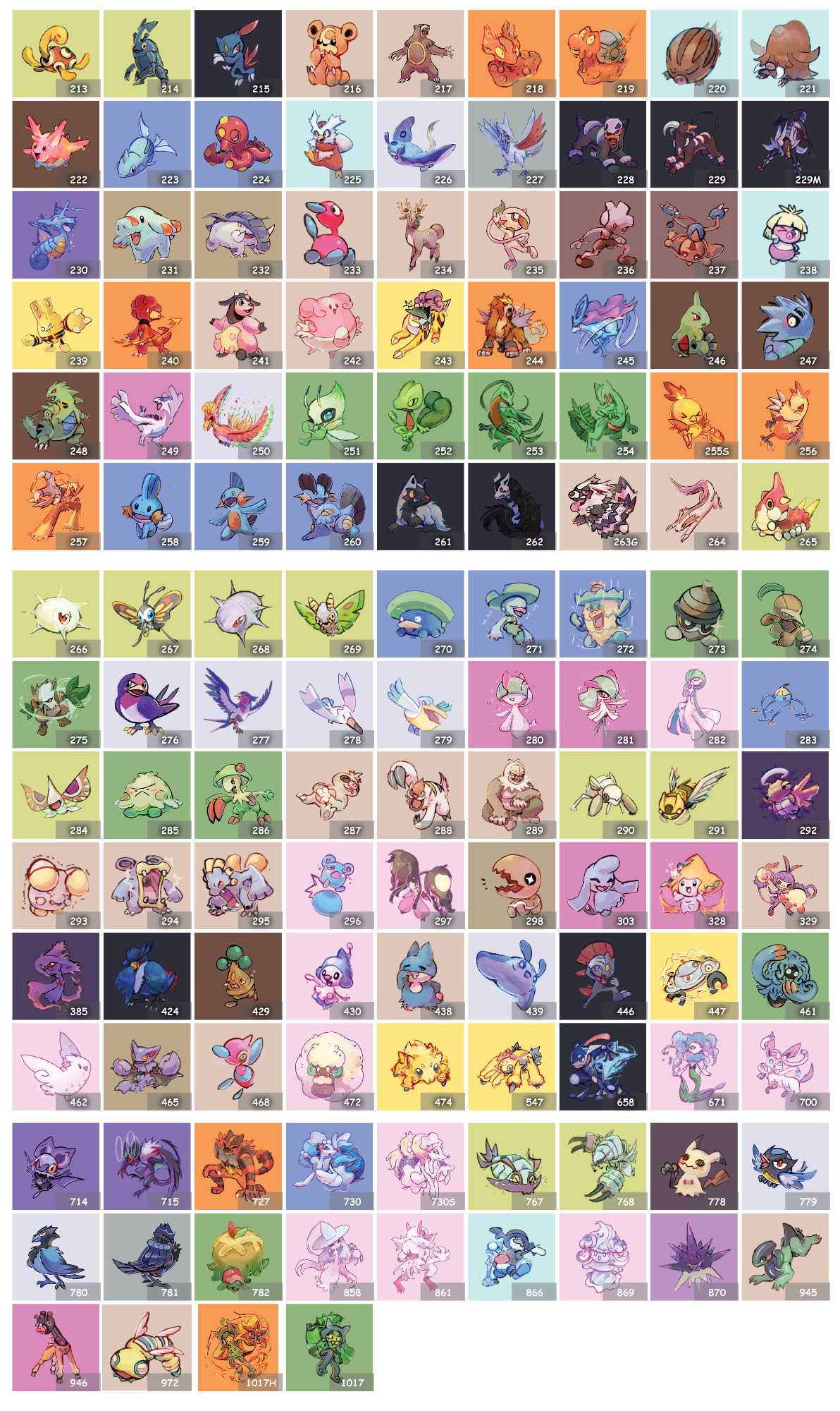 compilation of stickers including: Shuckle, Heracross, Sneasel, Teddiursa, Ursaring, Slugma, Magcargo, Swinub, Piloswine, Corsola, Remoraid, Octillery, Delibird, Mantine, Skarmory, Houndour, Houndoom, Kingdra, Phanpy, Donphan, Porygon2, Stantler, Smeargle, Tyrogue, Hitmontop, Smoochum, Elekid, Magby, Miltank, Blissey, Raikou, Entei, Suicune, Larvitar, Pupitar, Tyranitar, Lugia, Ho-oh, Celebi, Treecko, Grovyle, Sceptile, Torchic, Combusken, Blaziken, Mudkip, Marshtomp, Swampert, Poochyena, Mightyena, Zigzagoon, Linoone, Wurmple, Silcoon, Beautifly, Cascoon, Dustox, Lotad, Lombre, Ludicolo, Seedot, Nuzleaf, Shiftry, Taillow, Swellow, Wingull, Pelipper, Ralts, Kirlia, Gardevoir, Surskit, Masquerain, Shroomish, Breloom, Slakoth, Vigoroth, Slaking, Nincada, Ninjask, Shedinja, Whismur, Loudred, Exploud, Makuhita, Hariyama, Azurill, Mawile, Trapinch, Wynaut, Jirachi, Ambipom, Mismagius, Honchkrow, Bonsly, Mime Jr., Munchlax, Mantyke, Weavile, Magnezone, Tangrowth, Togekiss, Gliscor, Porygon-Z, Whimsicott, Greninja, Florges, Sylveon, Noibat, Noivern, Incineroar, Primarina, Wimpod, Golisopod, Mimikyu, Rookidee, Corvisquire, Corviknight, Appletun, Hatterene, Grimmsnarl, Mr. Rime, Alcremie, Overqwil, Dudunsparce, Farigiraf, Cyclizar, and Ogerpon