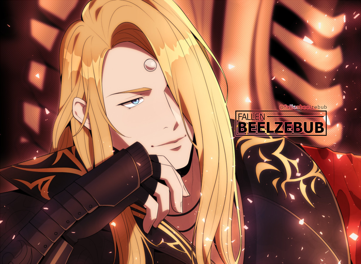 A screenshot redraw of Zenos from Final Fantasy XIV. He is resting with his chin against his hand, one eye covered by his long hair. He is staring at something off camera as glowing fragments drift by.