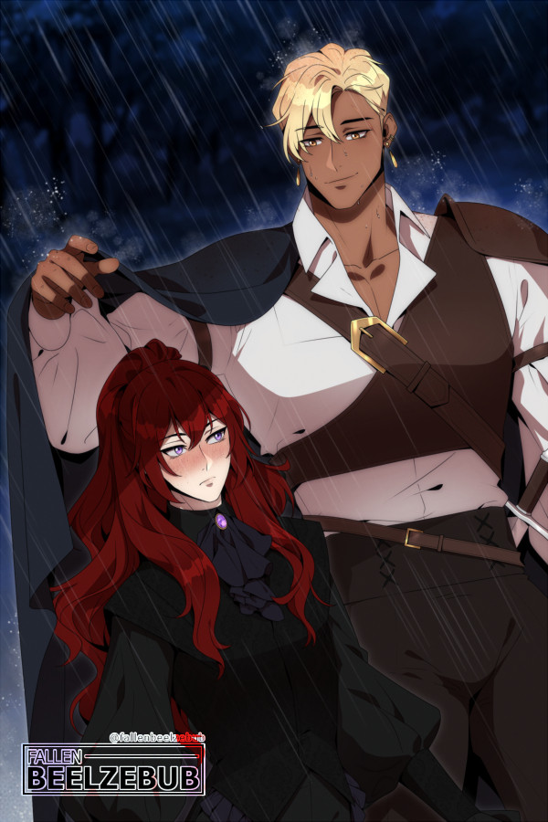 An illustration of two people standing in the rain at night. The taller one has their cloak raised, shielding the shorter man from the brunt of it, while he himself gets soaked. The taller is smiling, while the shorter side eyes the other, a blush dusting his cheeks.