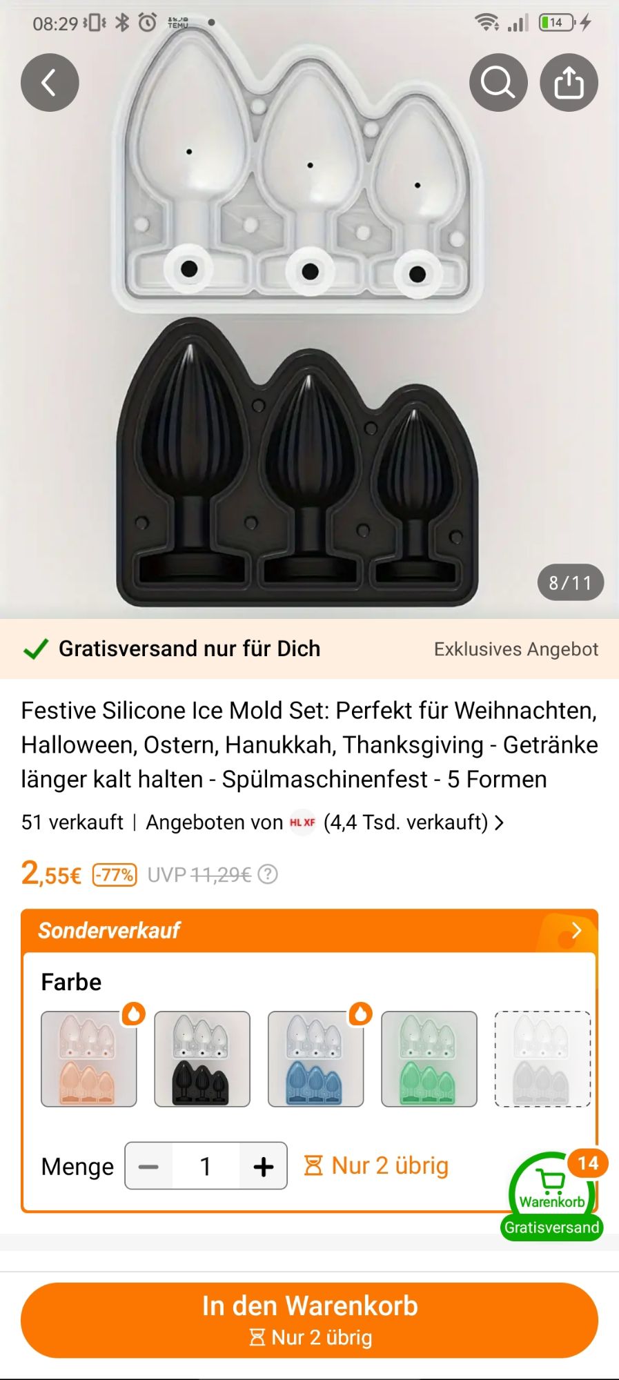 Das Bild zeigt eine Produktanzeige für festliche Silikon-Eisformen, die auf einer Einkaufsplattform angeboten werden. Diese Formen sind ideal für verschiedene Feiertagsanlässe wie Weihnachten, Halloween, Ostern, Chanukka und Erntedankfest. Die Silikonformen sind dazu gedacht, Getränke kühl zu halten und sind spülmaschinenfest. 

In der Abbildung sind zwei Formtrays zu sehen: eine weiße und eine schwarze, beide mit einer Reihe von Anal-Plug Einsätzen. Es gibt eine Auswahl für die Farboptionen, die Schwarz, Transparent und Hellblau umfasst.