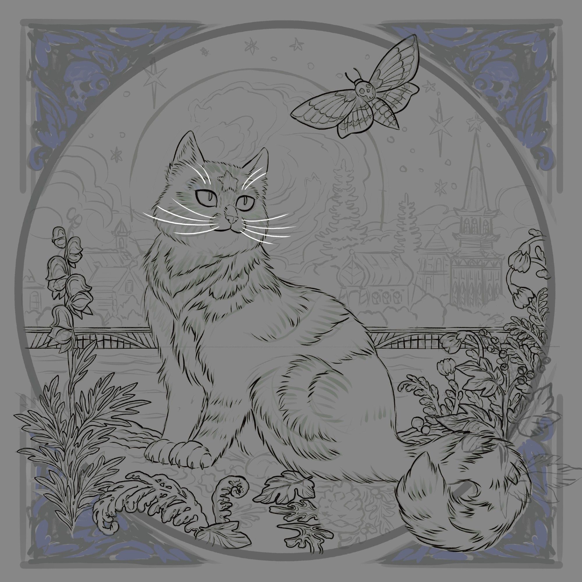 Illustration of a cat, on a riverbank surrounded by plants. There is a large moon and a line of fantastical buildings in the distance, behind it. The cat is observing a large death's head moth hovering above. The line art is in various stages of completeness. Unfinished work.