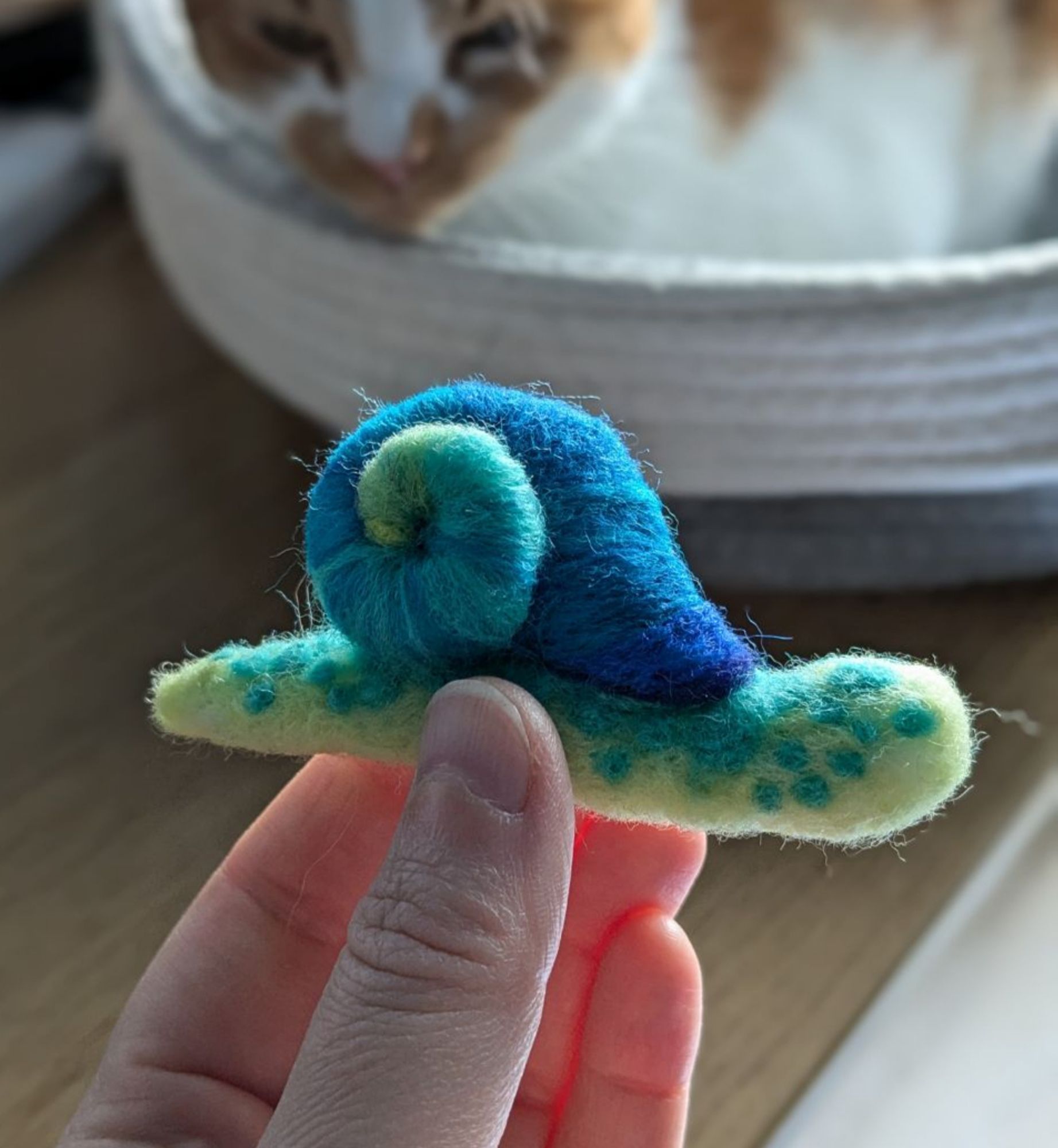 Hand holding a wool felted snail. It's a work in progress. There is a snoozing cat in the background.