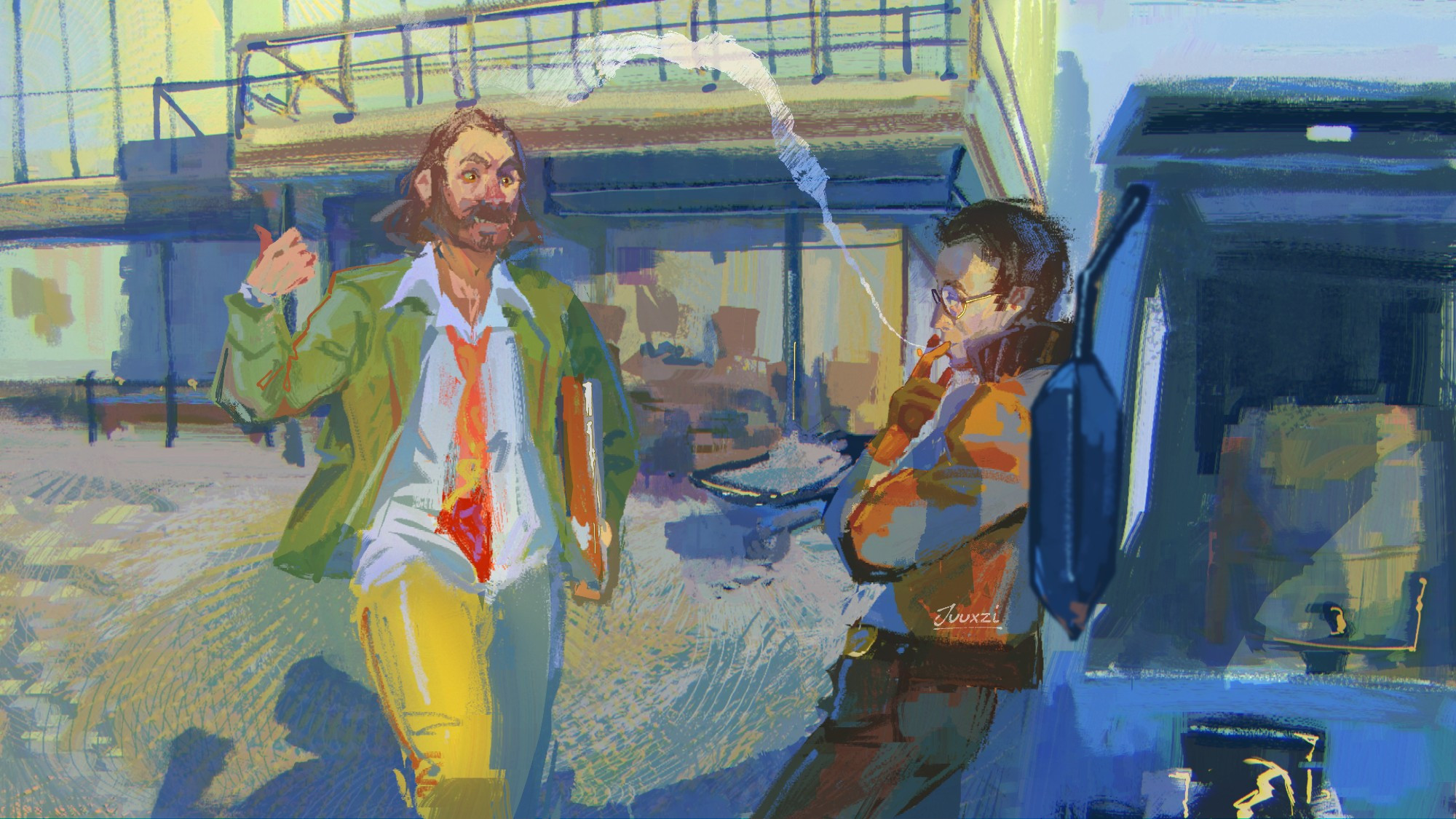 Disco Elysium; set in the early afternoon, Harry Du Bois and Kim Kitsuragi stands in front of the Whirling rags. Kim is leaning back on his kineema taking a smoke and looks at Harry, who is approaches him holding a board game. Harry points back to the whirling bag with his thumb suggesting they should play inside