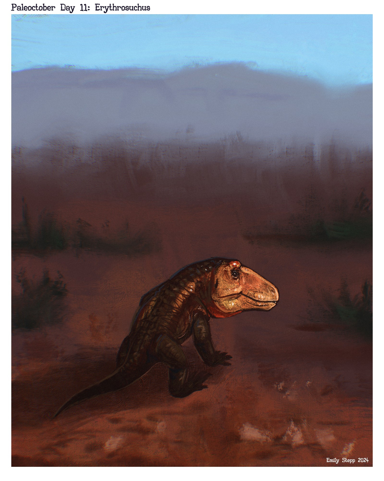 A lonely Erythrosuchus walking away and looking back at the viewer in a  sunset desert environment. 