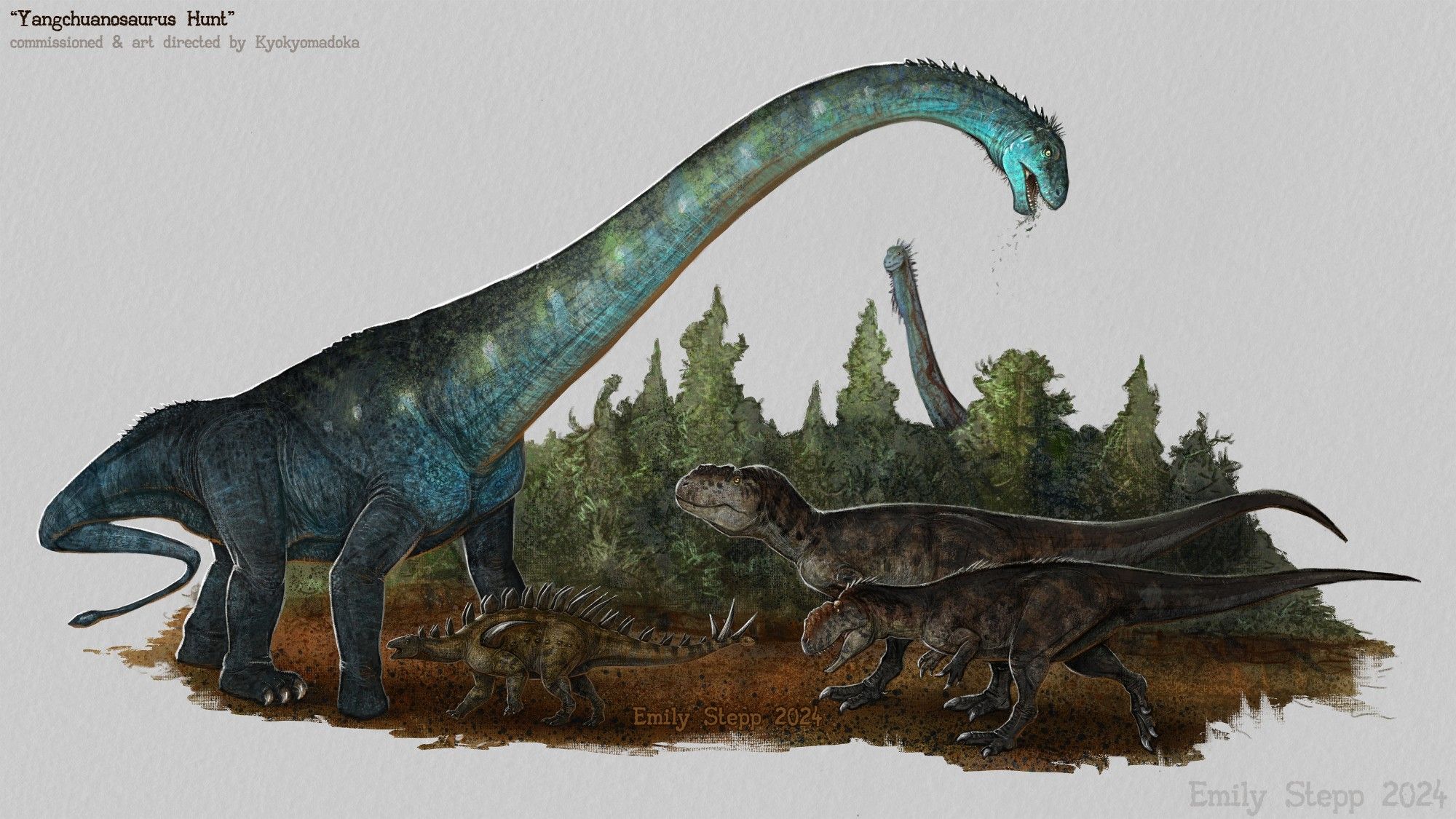 A blue Omeisaurus looms over a pair of Yangchuanosaurus chasing a Huayangosaurus that is taking cover under the sauropod.