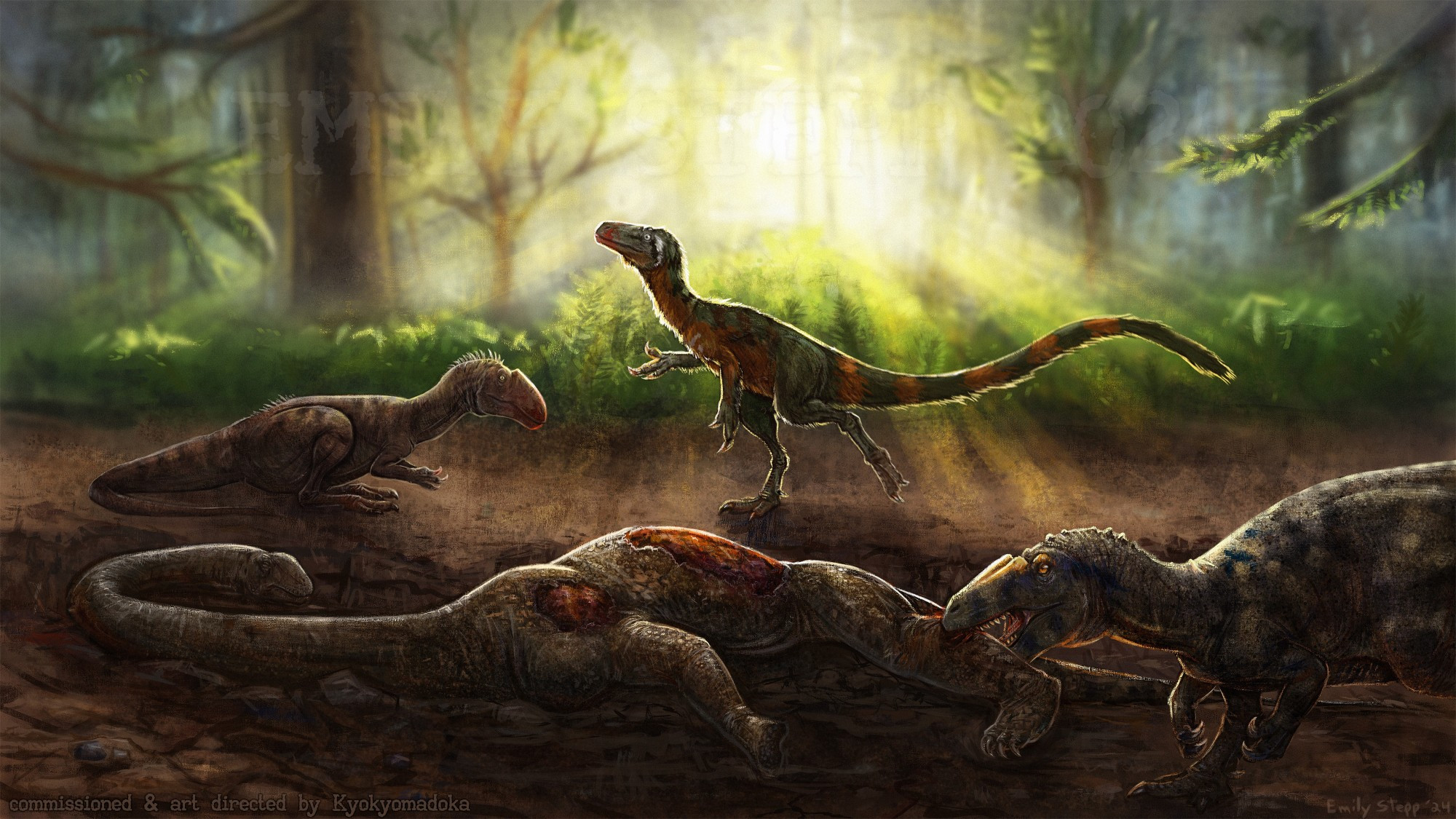 "The rains have returned to the Lower Shaximiao Formation, approximately 166 million years ago. A young Datousaurus’ first river crossing with its herd has ended in tragedy, and an unexpected feast. Floodwater swept away the inexperienced sauropodlet, striking rocks and filling its lungs with the muddy torrent. In the morning during a break in the storms, a group of mesopredators gather to enjoy the bounty. Chuandongocoelurus, Kaijiangosaurus, and Gasosaurus coexist peacefully during this moment of abundance."

We've chosen to depict all three theropods as distinct, but there's a chance that Kaijangosaurus and Gasosaurus were synonymous.