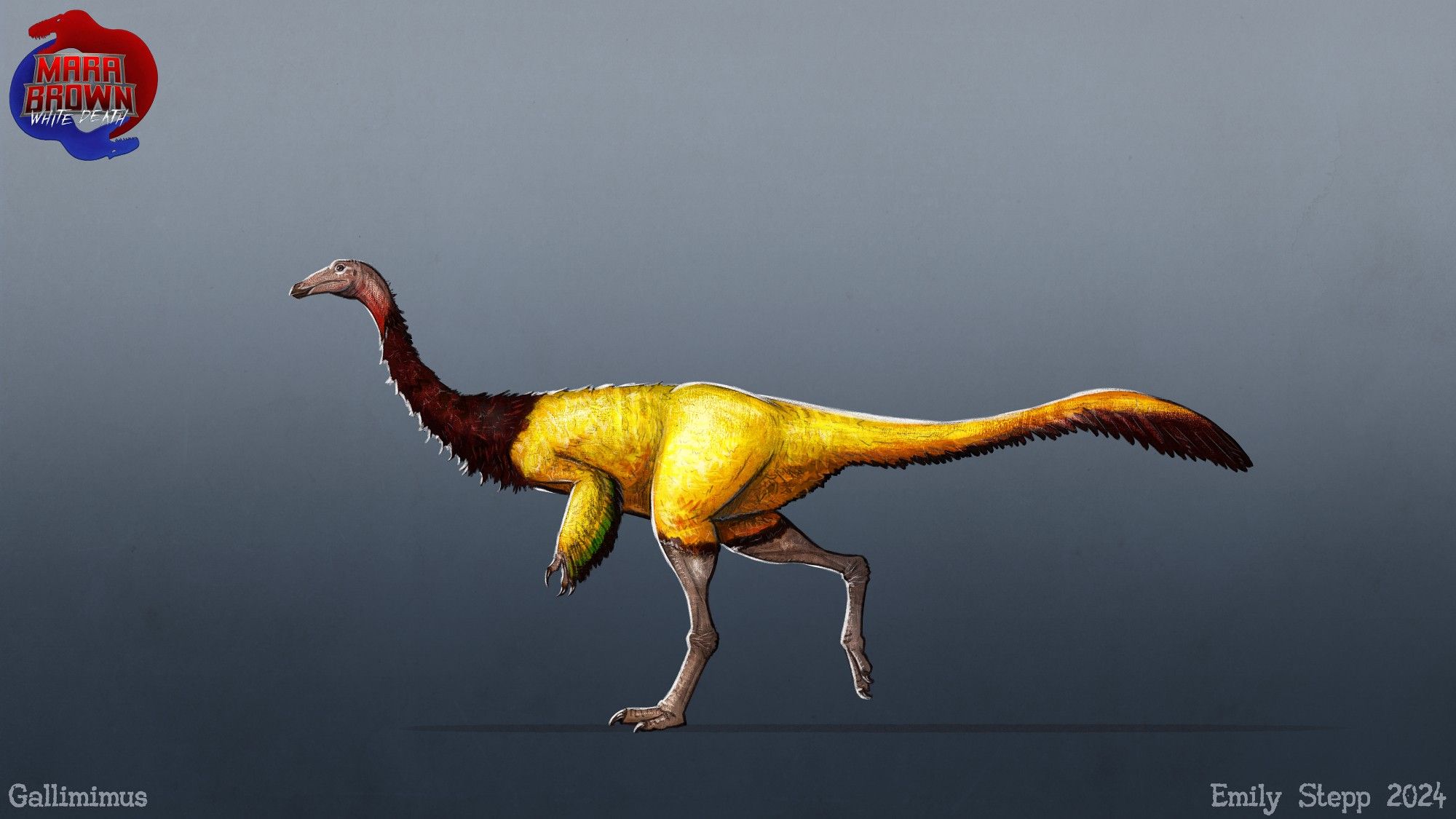 Gallimimus sketch facing left with yellow and black feathers.