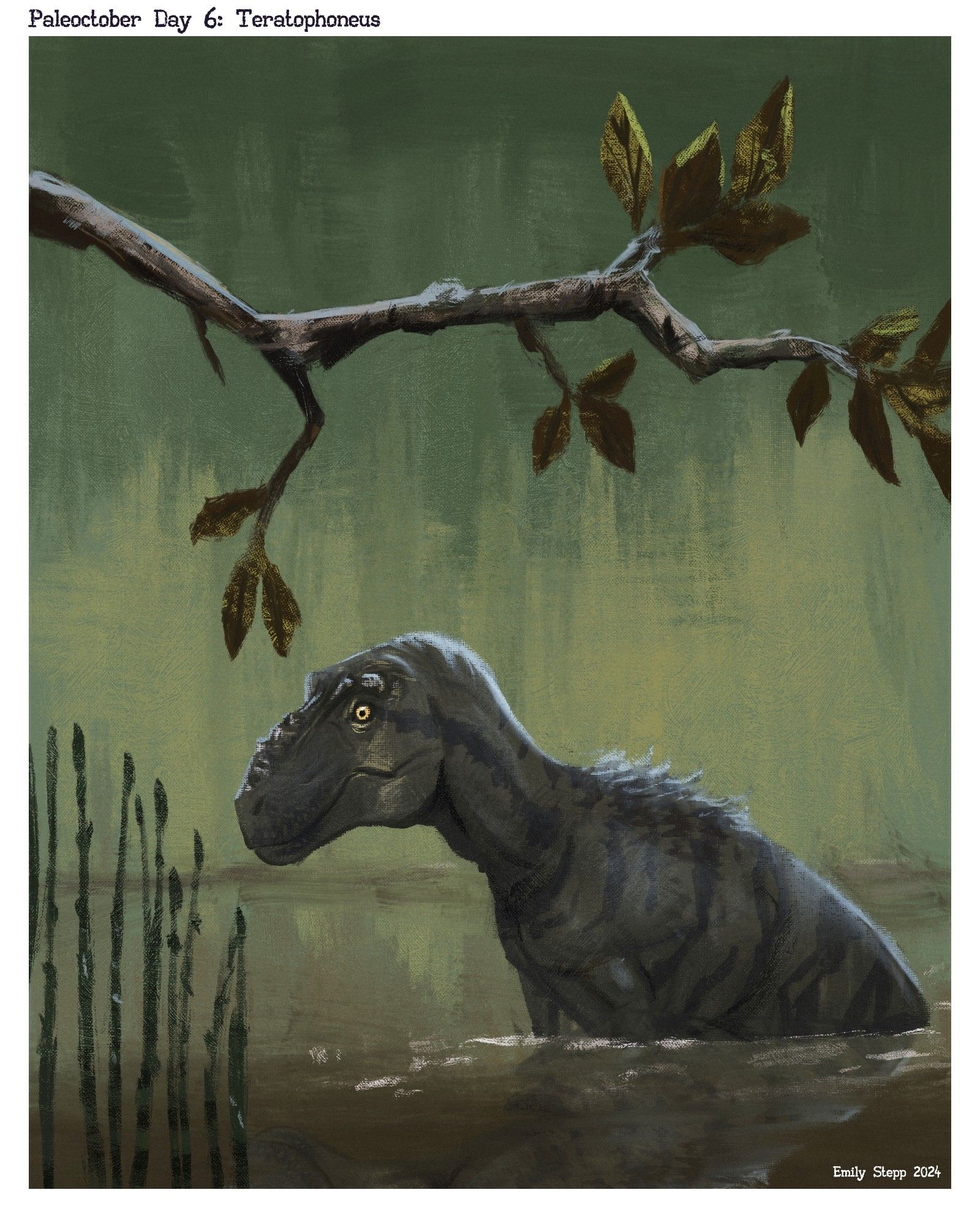 Juvenile tyrannosaur sitting in a calm stream.