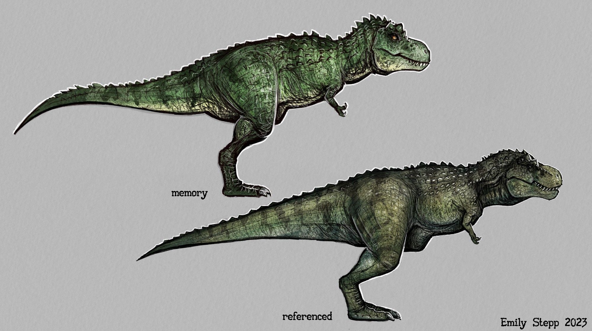 Digital sketches of the character Speckles from the movie Speckles: The Tarbosaurus / The Dino King from memory and one while looking at reference.