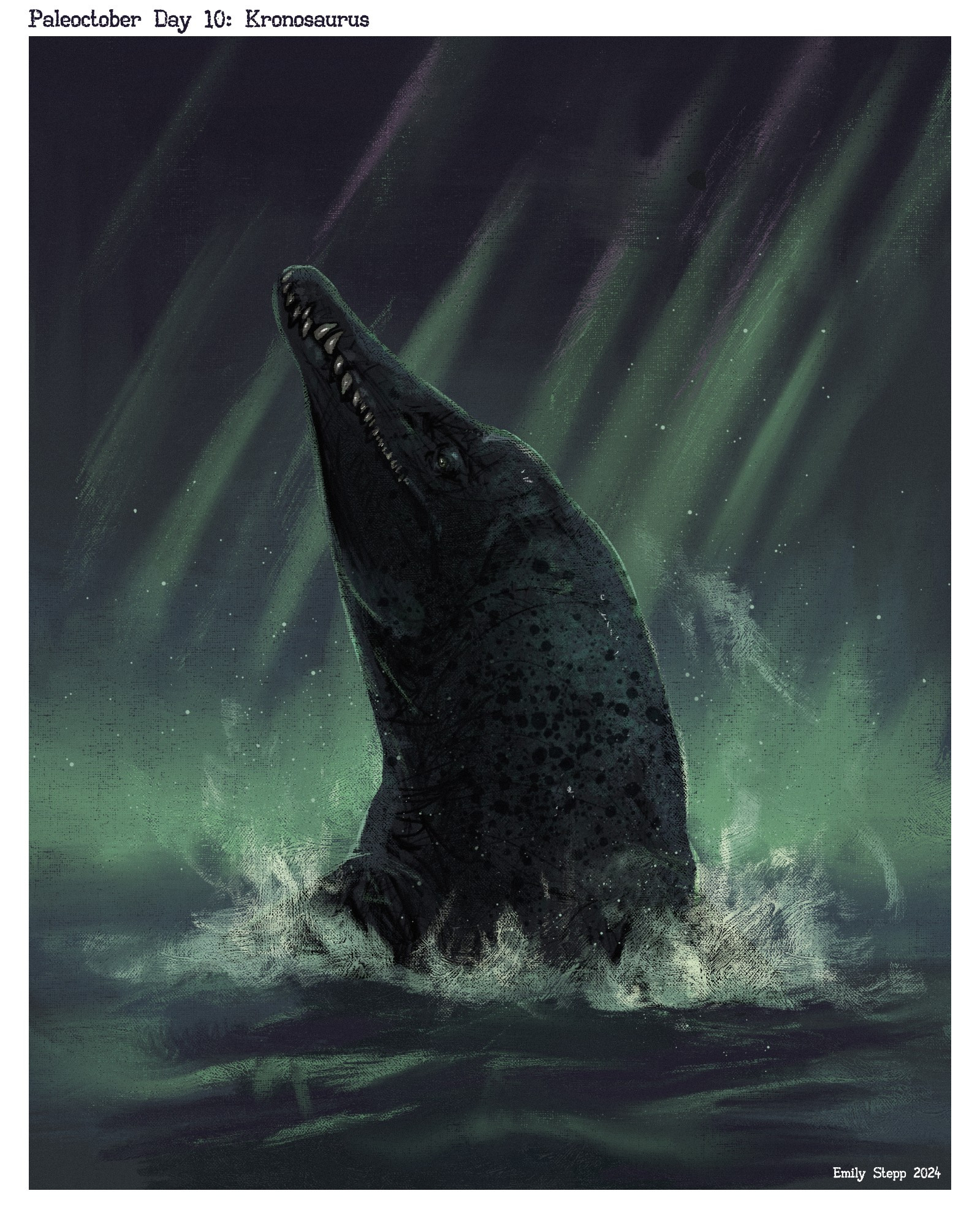 Breaching Kronosaurus with aurora in the background. 