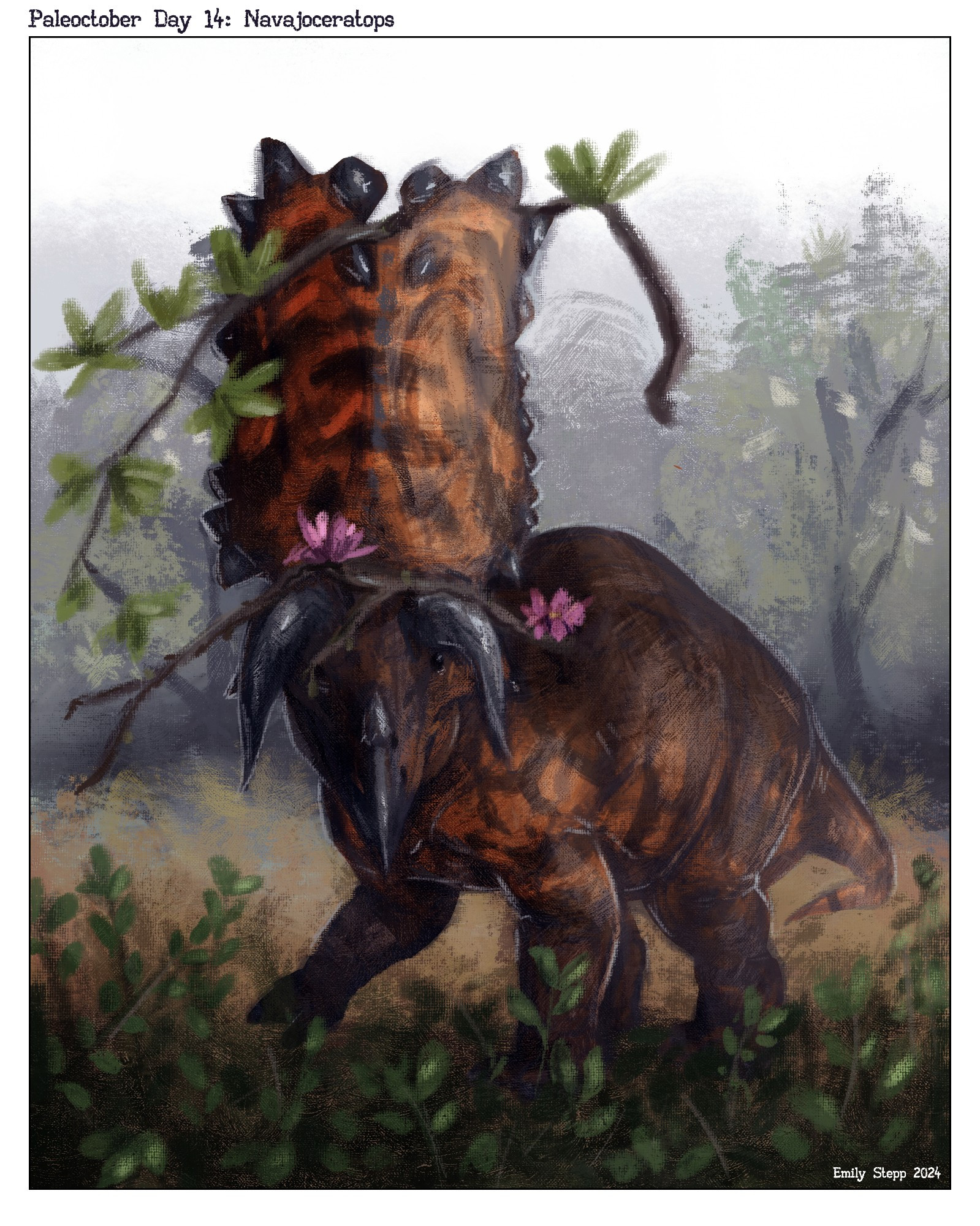 Navajoceratops facing the viewer with branches stuck on its head. 