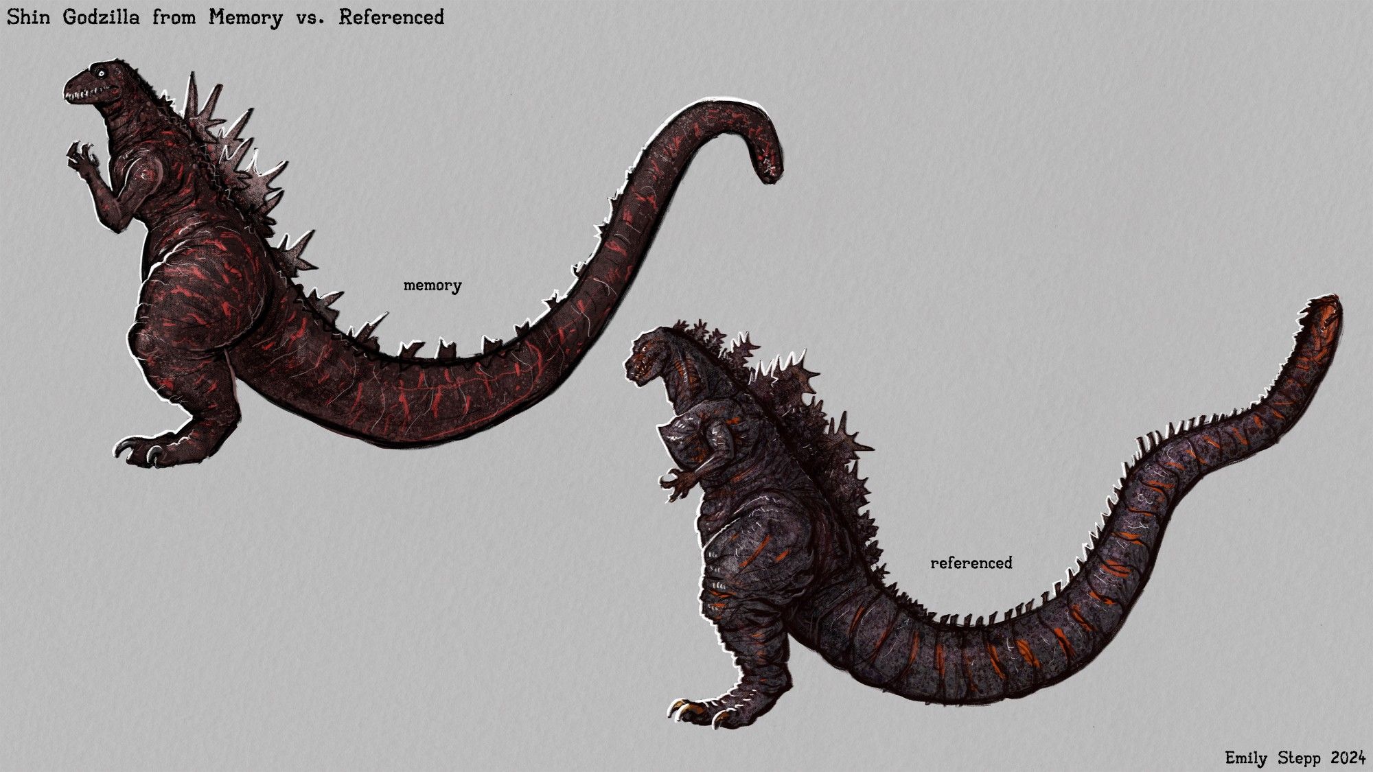 On the left is a sketch of Shin Godzilla's 4th form facing left drawn from memory and on the right is drawn while looking at reference.