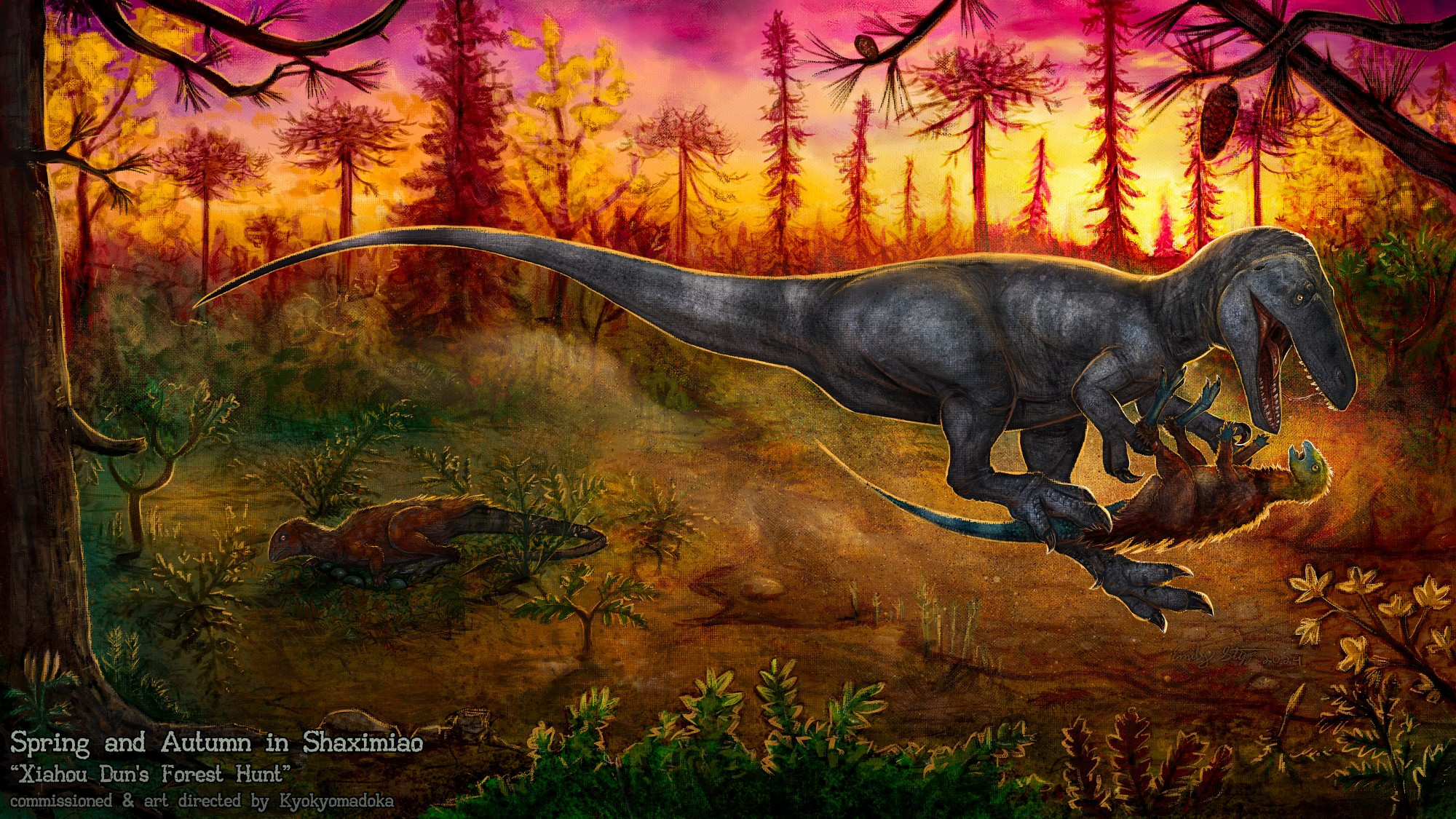 Another speculative paleoart piece in the Spring and Autumn in Shaximiao project. "Xiahou Dun's Forest Hunt" takes place in the summer at a dry creek bed where a pair of the small ornithischian dinosaurs, Agilisaurus, are trying to nest peacefully before being attacked by the medium sized theropod Leshansaurus individual known in our story as Xiahou Dun. 