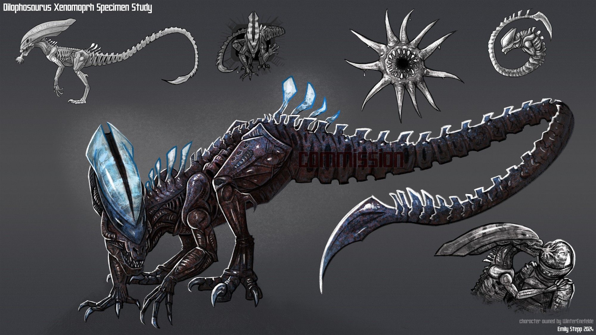 A xenomorph concept that had a Dilophosaurus as a host. There are bioluminescent qualities.