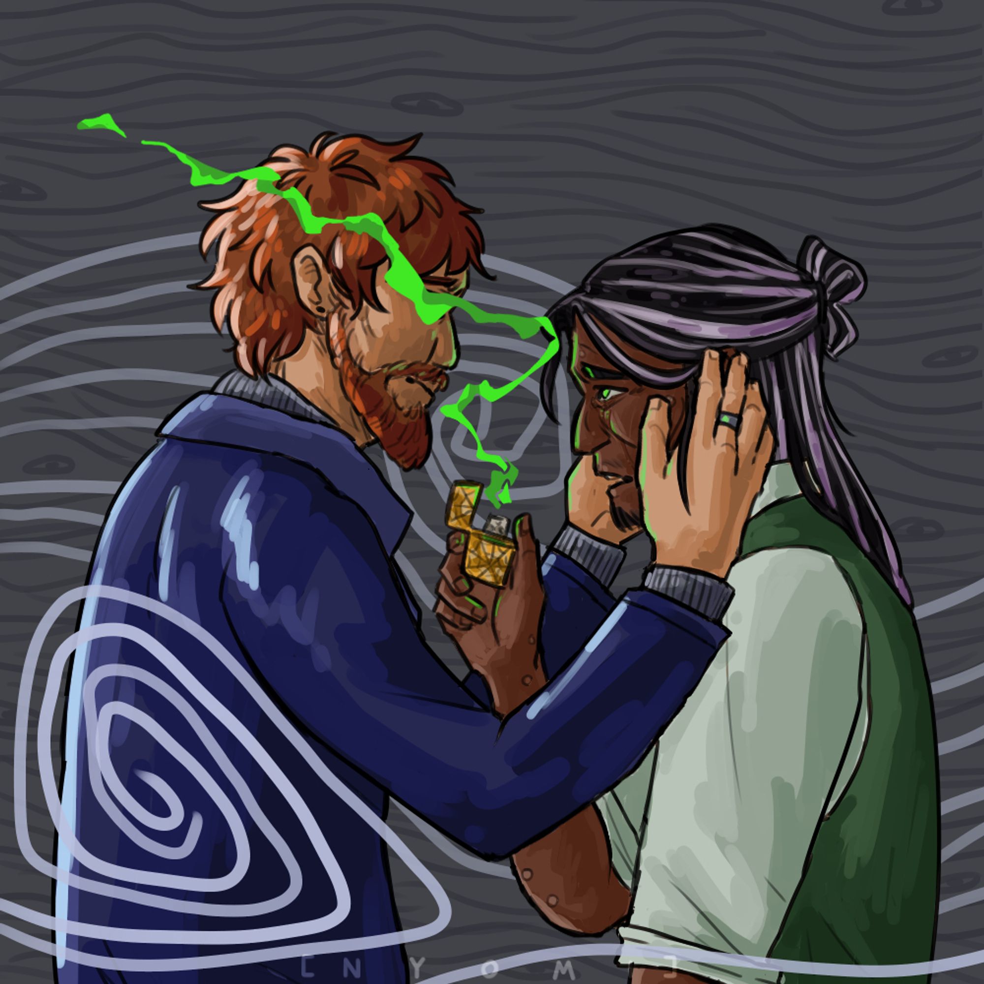 Martin holds Jon, hands on either side of his face. It is a gentle gold. A seeing fog swirls around them, and a sharp light comes from behind Martin. Jon is holding up the spider lighter, and the green flame obscures Martin's eyes.