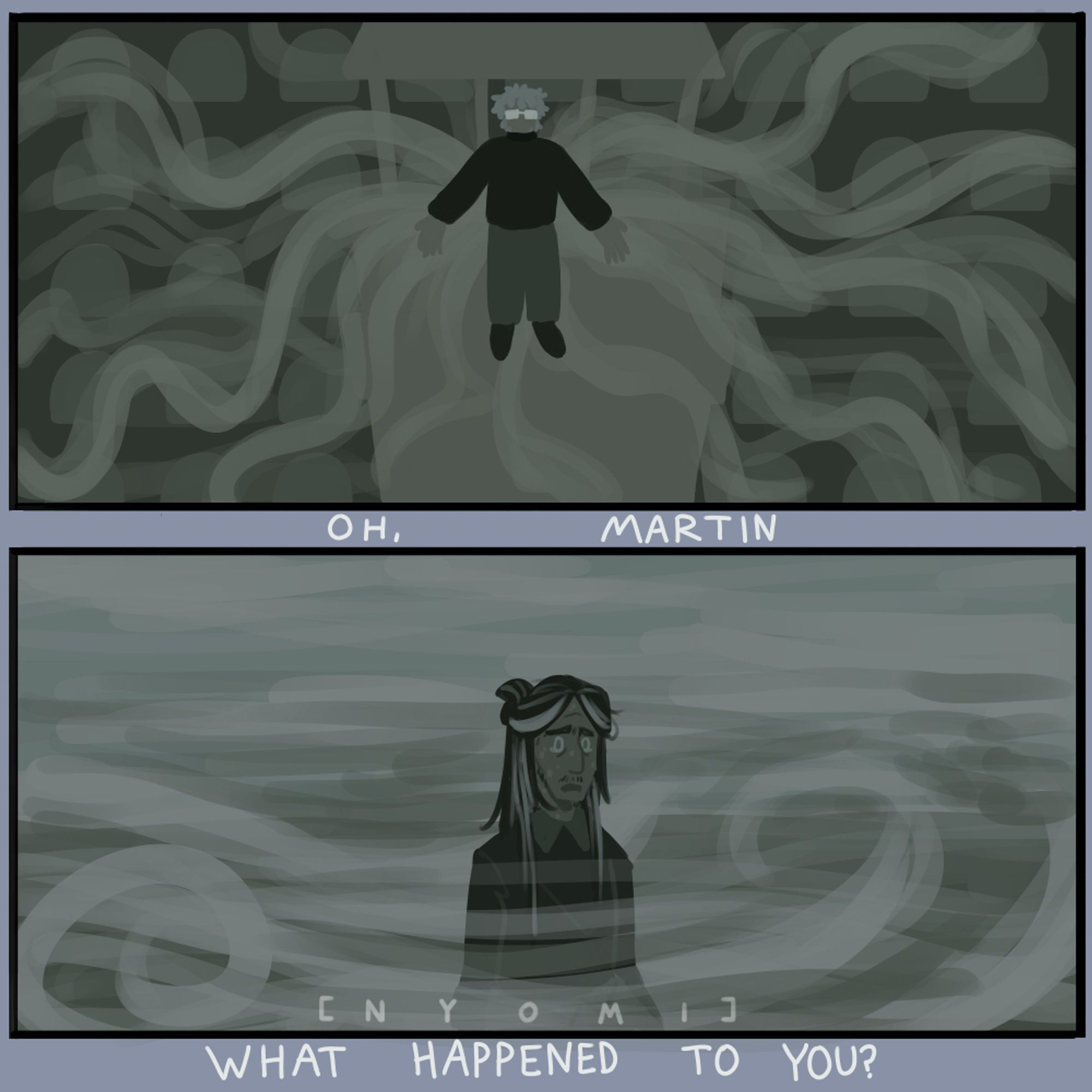 Martin started the Lonely apocalypse and Jon is alone. Text reads, "Oh Martin, what happened to you?"