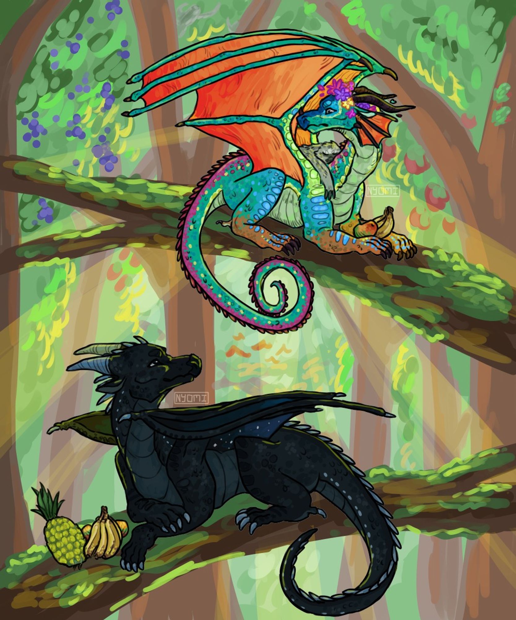 A colorful rainwing with a dark nightwing on branches in the jungle. Glory and Deathbringer from wings of fire.