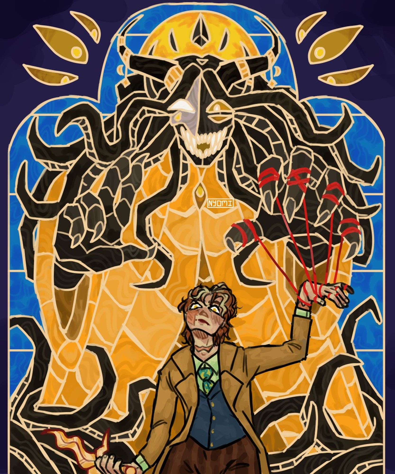 The King in Yellow is depicted in stained glass behind Arthur Lester. One hand is wrapped in red string and connected to the one in the glass, as if he was a puppet. He's holding a knife too.