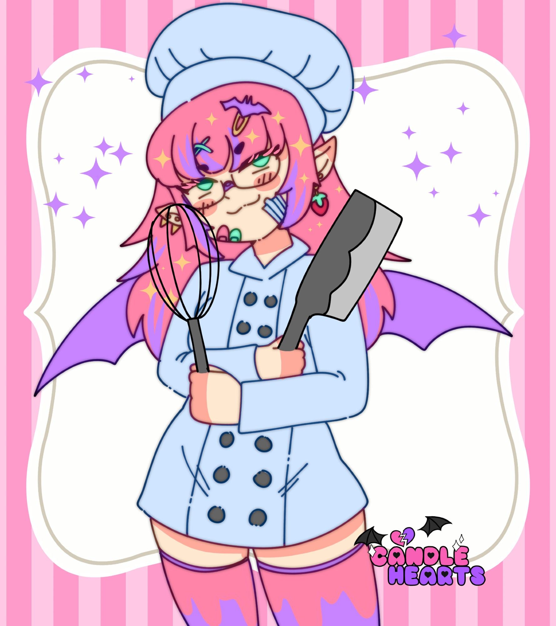 candlehearts in a chefs outfit. she has pink and purple streaked hair, a cleaver in one hand and a whisk in the other. she is wearing a puffy chefs hat and drippy stockings