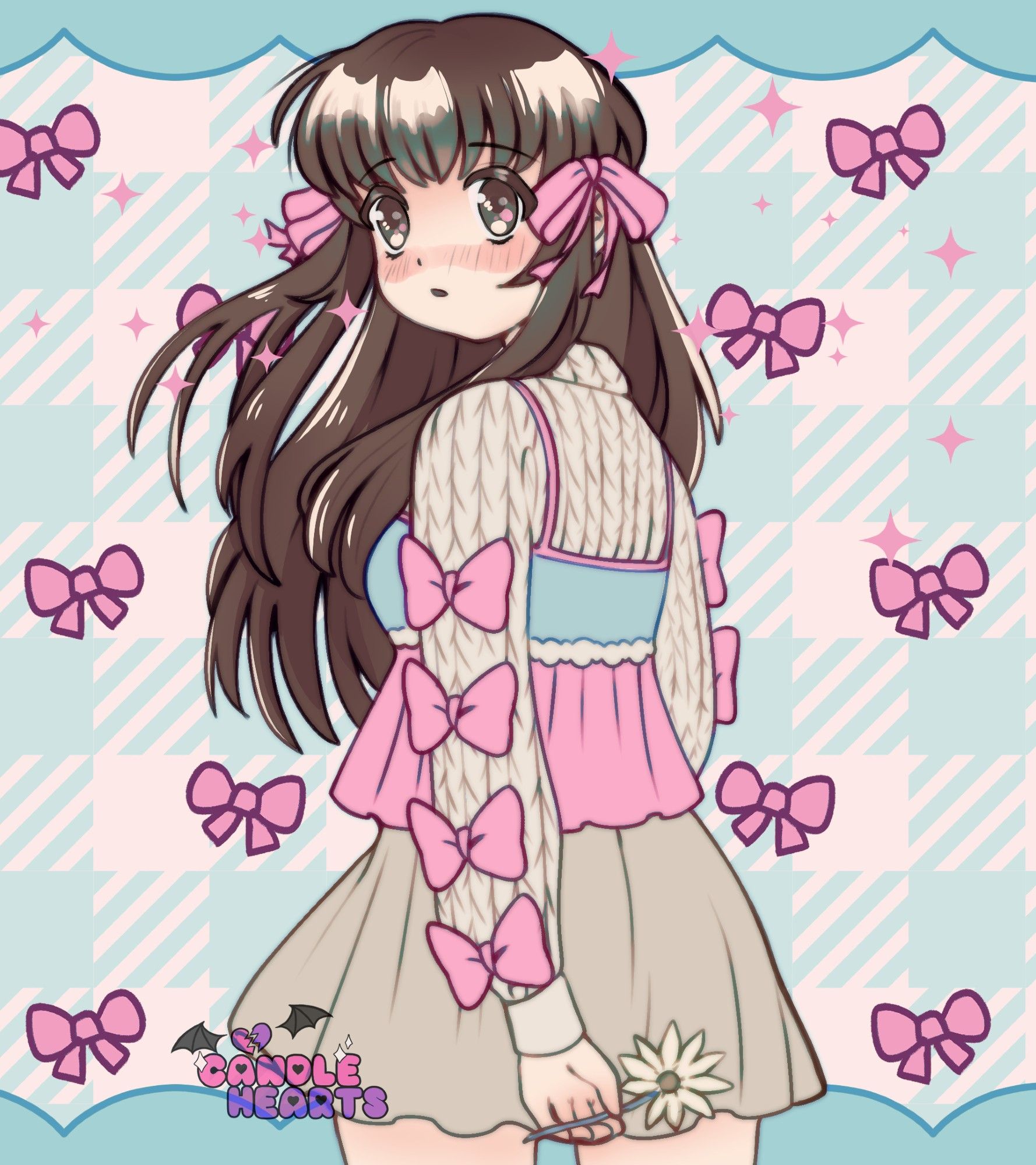 fanart of tohru honda from fruits basket, she is wearing a cable knit beige sweater with pink bows underneath a babydoll top. she has long brown hair with pink ribbons, and holding a daisy in her hand behind her back