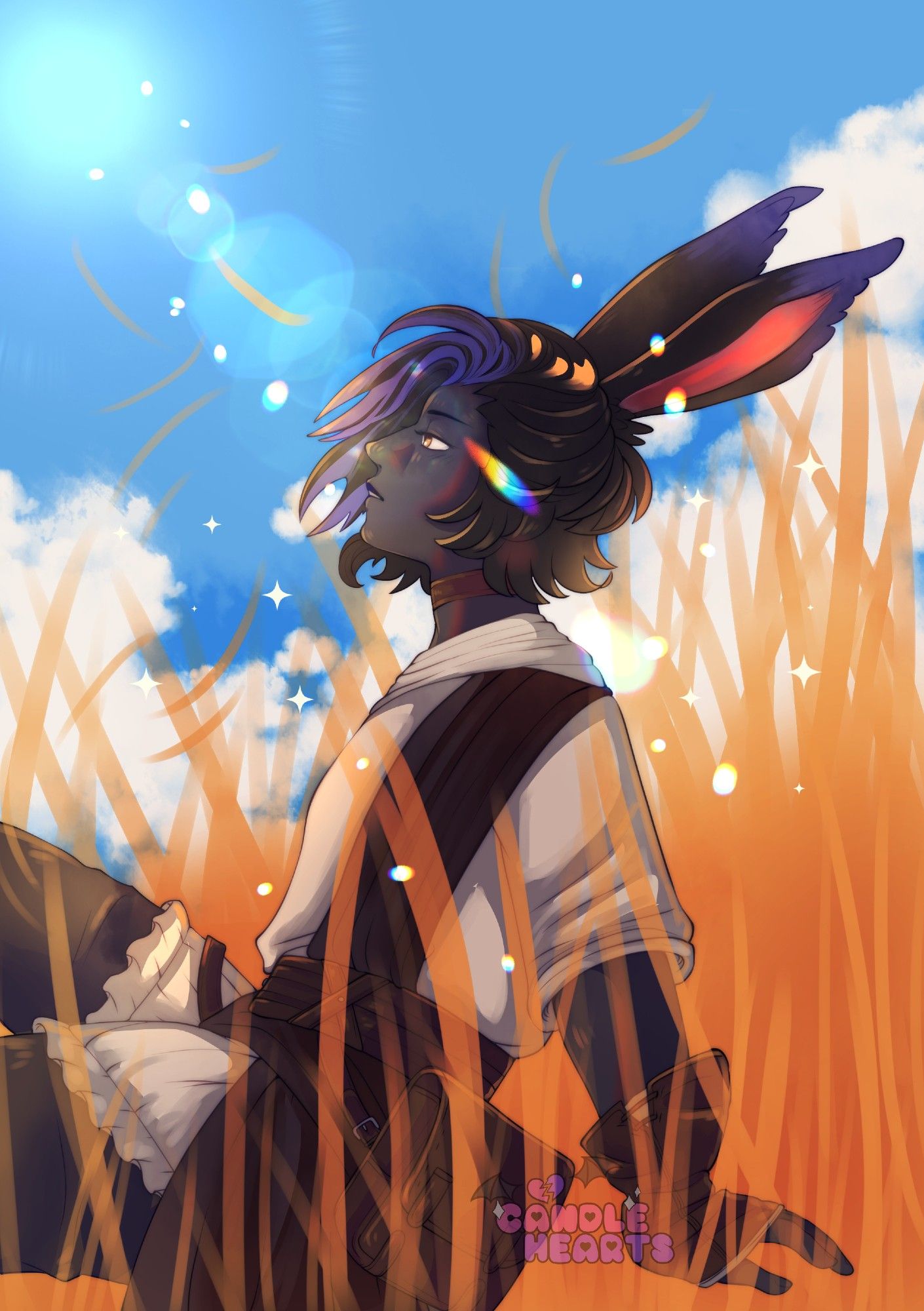 a painting of erenville from ffxiv (final fantasy 14) sitting in a field of golden wheat against a deep blue skye