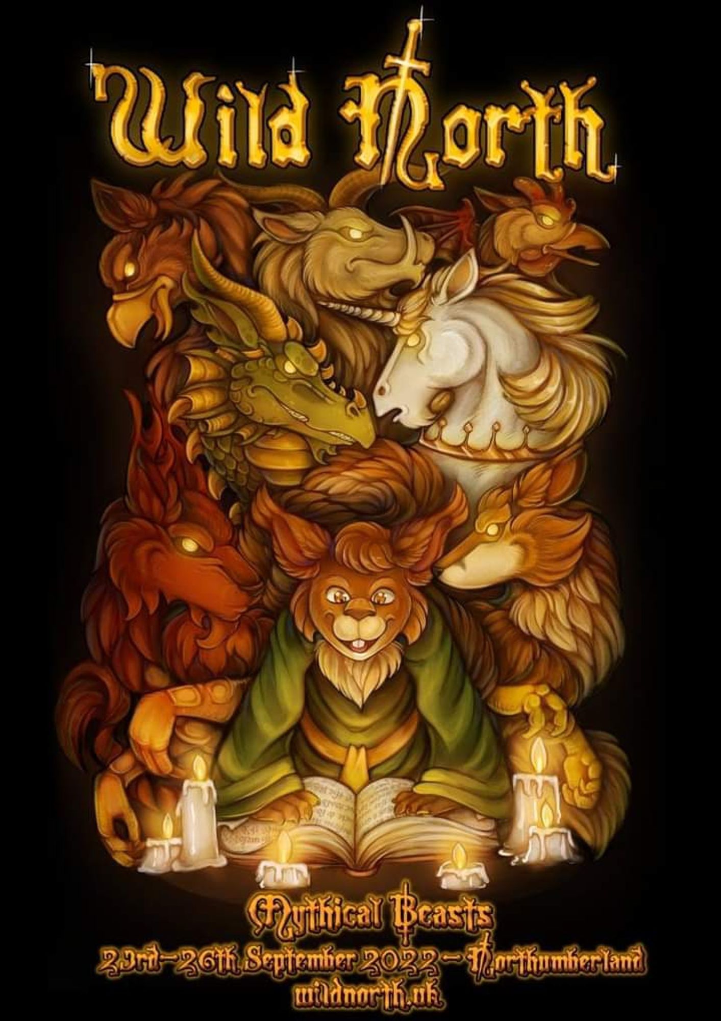 Convention poster featuring an anthro squirrel reading from a book of Mythical beasts whilst being surrounded by a variety of Old English beasts (from top left to bottom right: Griffin, yale, cockatrice, dragon, unicorn, alphyn & enfield)