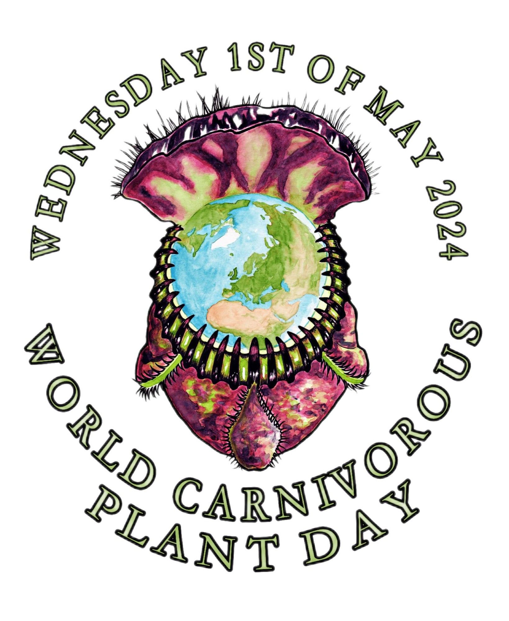 sign for international carnivorous plant day featuring a cephalotus in the middle with the earth inside the jaws of the trap