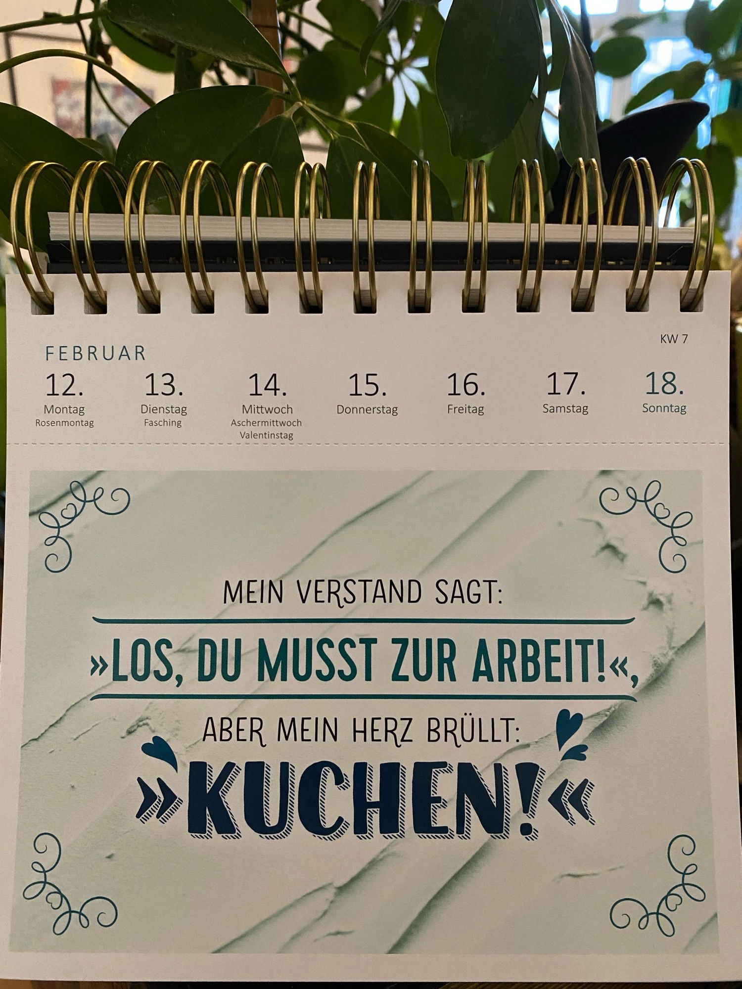 Kalenderspruch der Woche mit dem Text:
„Mein Verstand sagt: Los, du musst zur Arbeit! 
Aber mein Herz brüllt: Kuchen!“