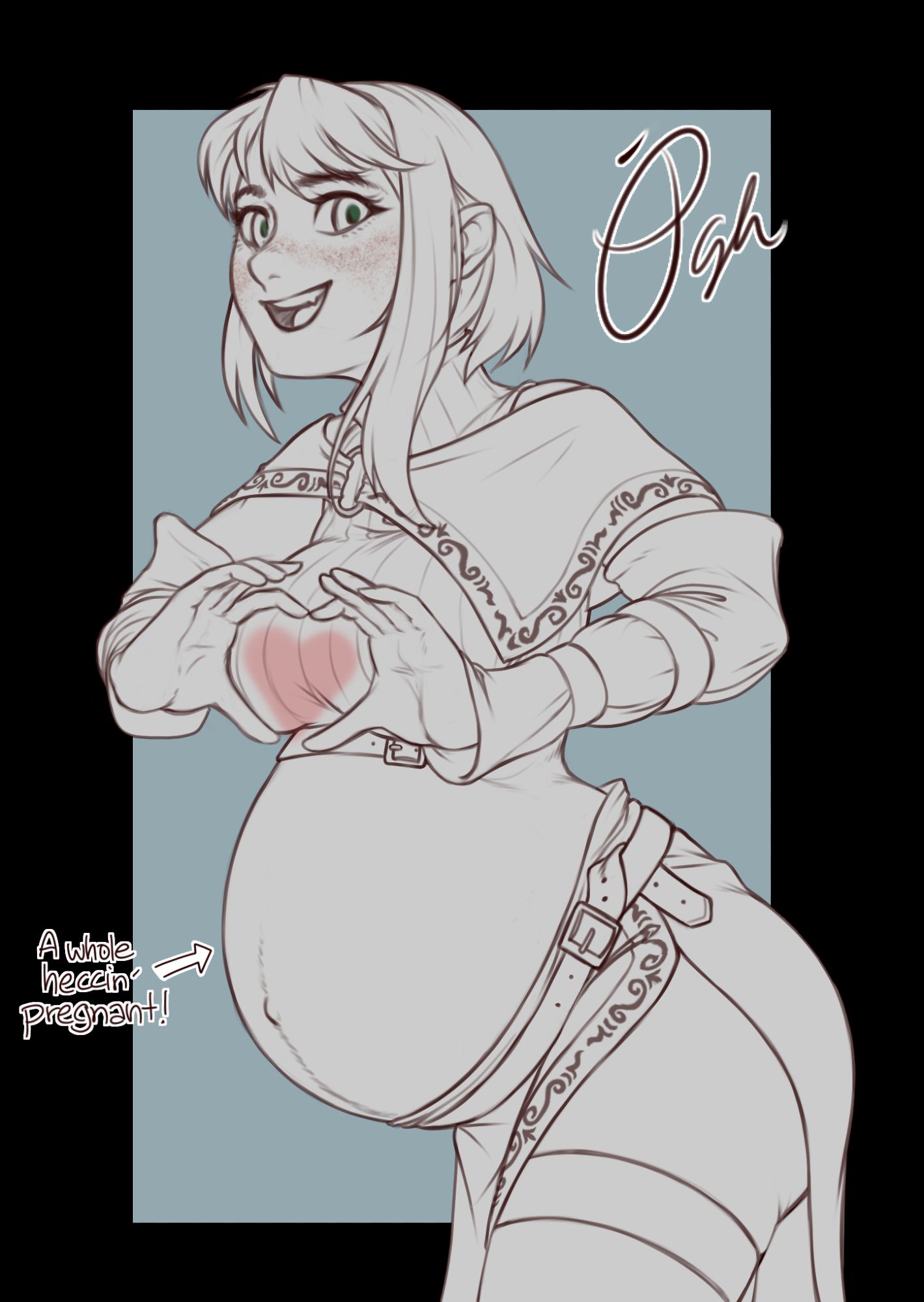 A cute green eyed mage girl, very heavily pregnant, making a heart with her fingers.
text: "A whole heccin pregnant!"