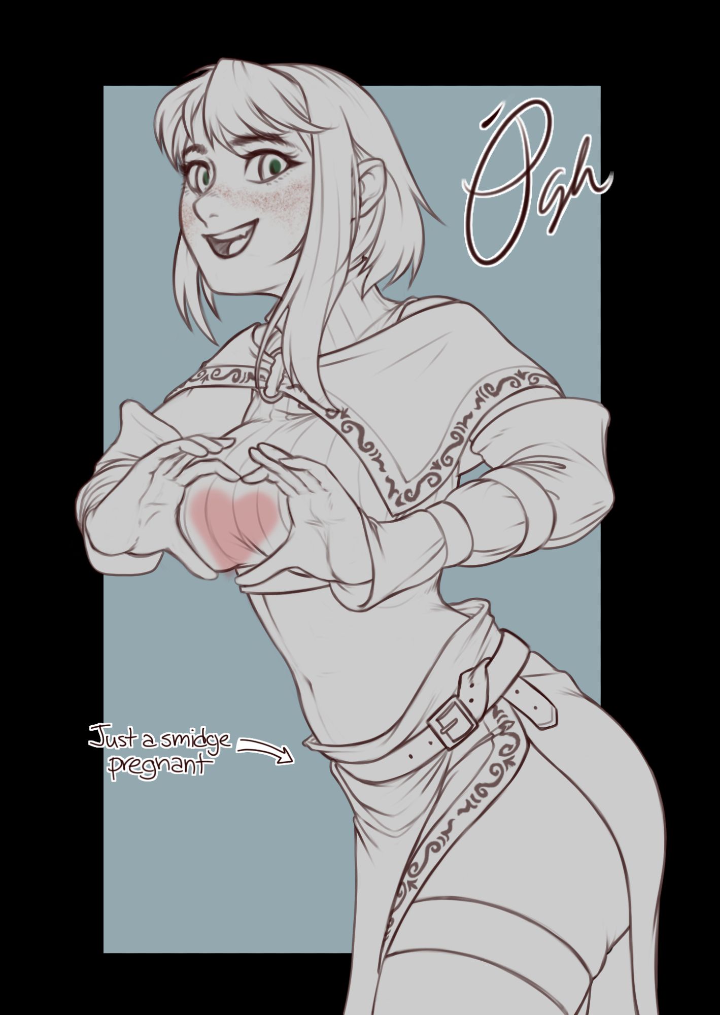 cute green eyed mage girl, early in her pregnancy, making a heart with her fingers.
text "Just a smidge pregnant"