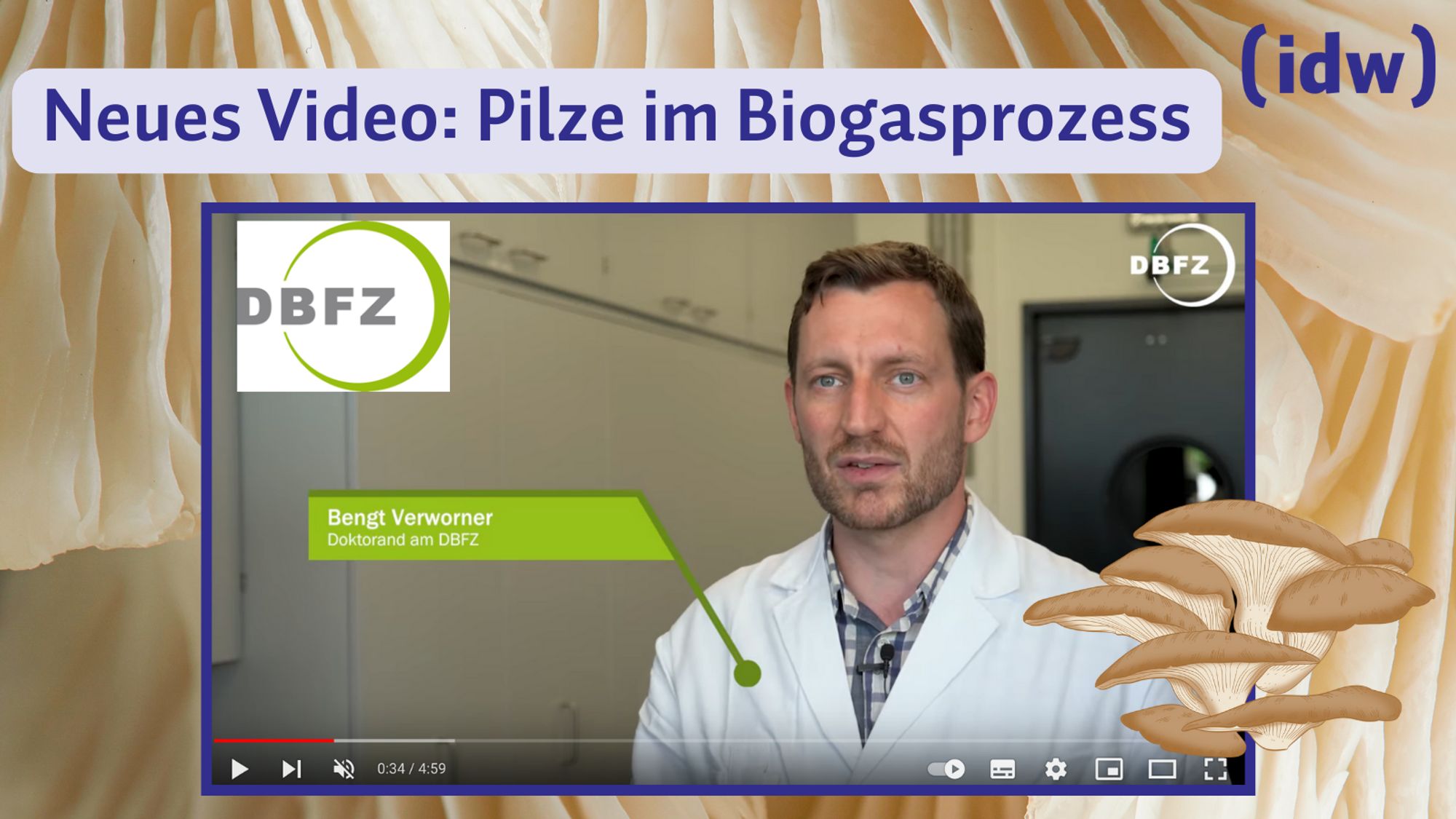 Neues Video: Pilze im Biogasprozess. Es ist ein Screenshot mit dem Forschenden aus dem Youtube Video abgebildet sowie das Logo vom DBFZ und idw.