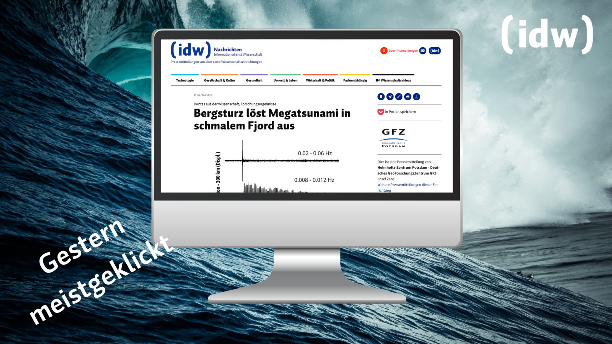 Gestern meisgeklickt: es ist ein Bildschirm mit der meistgelesenen Pressemitteilung abgebildet. Im Hintergrund sieht man eine hohe Welle im Meer. Außerdem das Logo vom idw.