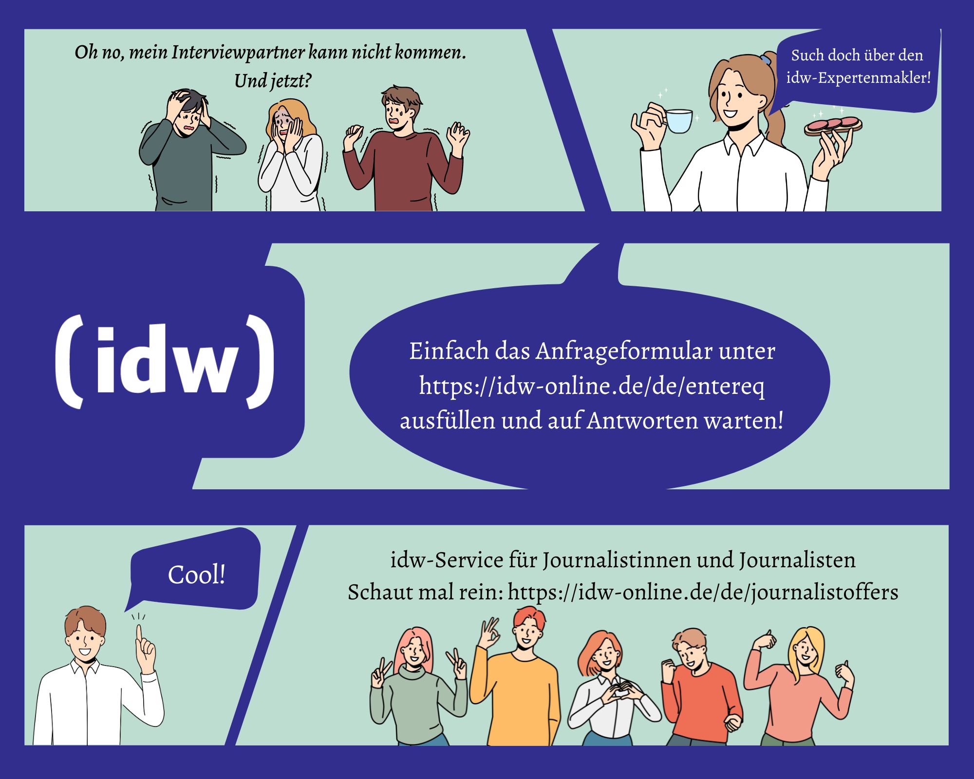 Comic zum idw-Expertenmakler: es sind gezeichnete Figuren abgebildet, die auf der Suche nach einem Interviewpartner ihre Suchanfrage über den Expertenmakler des idw stellen wollen.