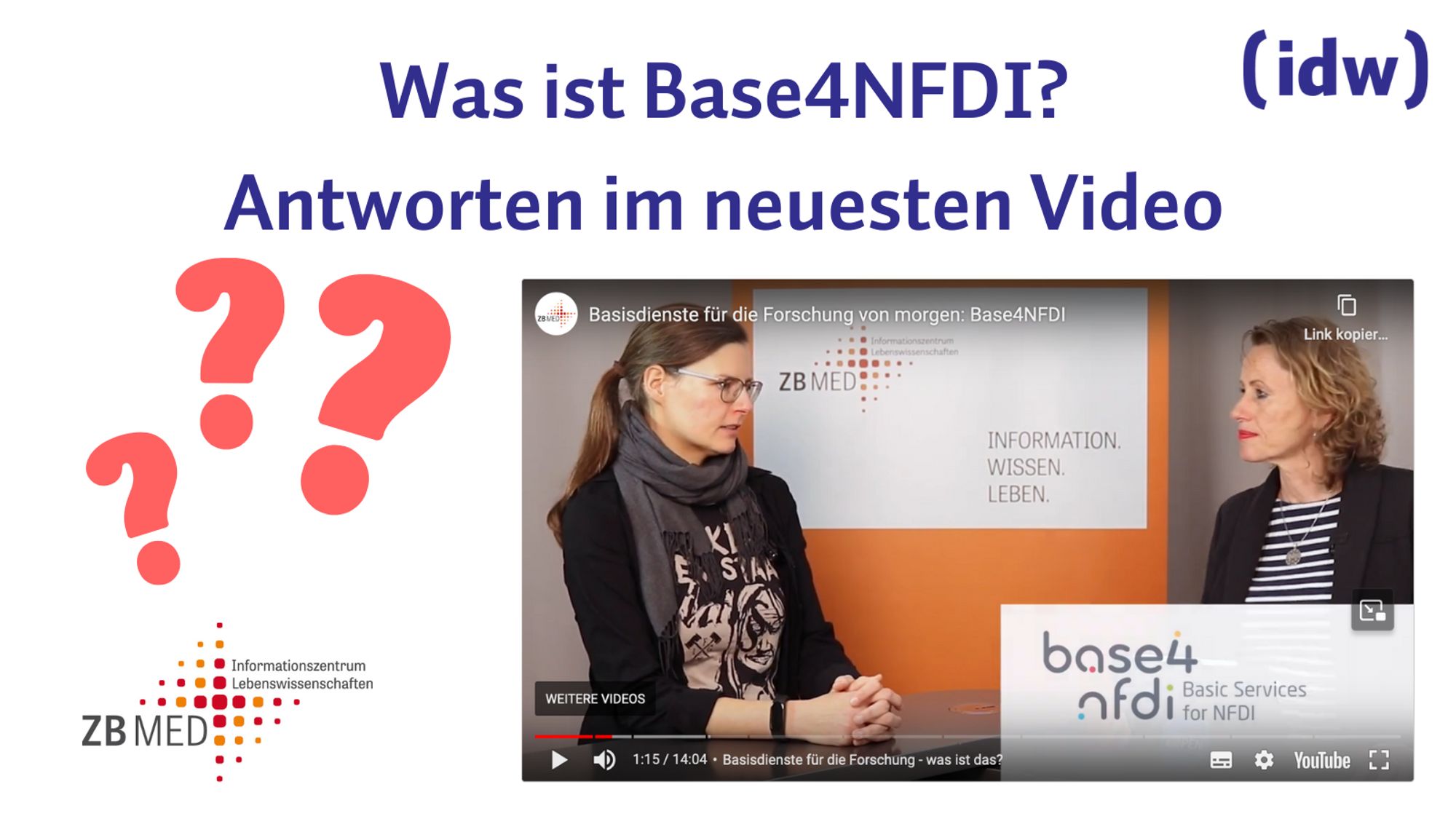 Was ist Base4NFDI? Antworten im neuesten Video von ZB MED. Es ist ein Screenshot aus dem Video mit den beiden Gesprächstpartnerinnen abgebildet, sowie das Logo von ZB MED und idw und rote große Fragezeichen als Grafik.