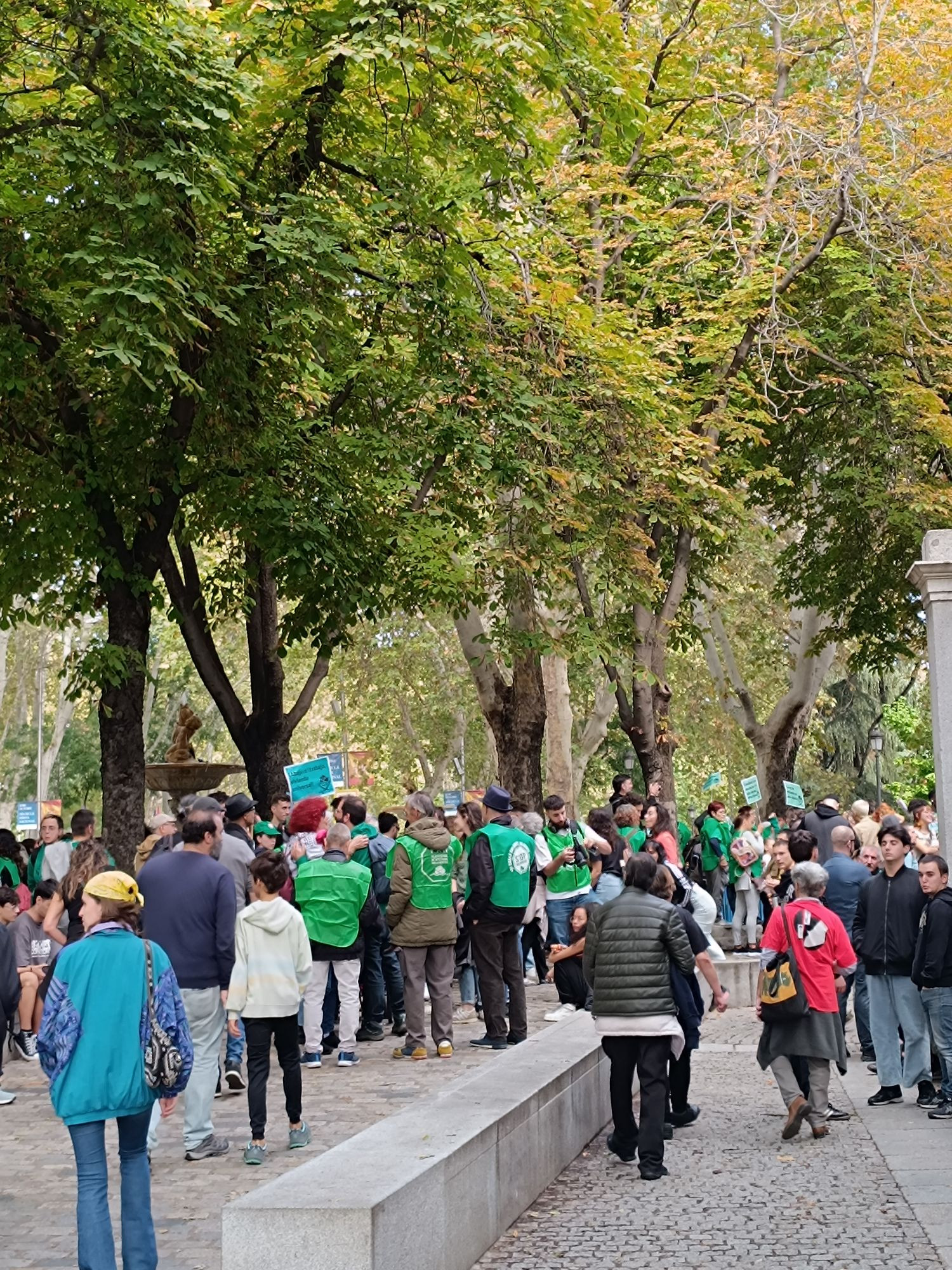 foto de la mani por la vivienda, se ve gente de la plataforma de afectados por la hipoteca debajo de unos árboles 