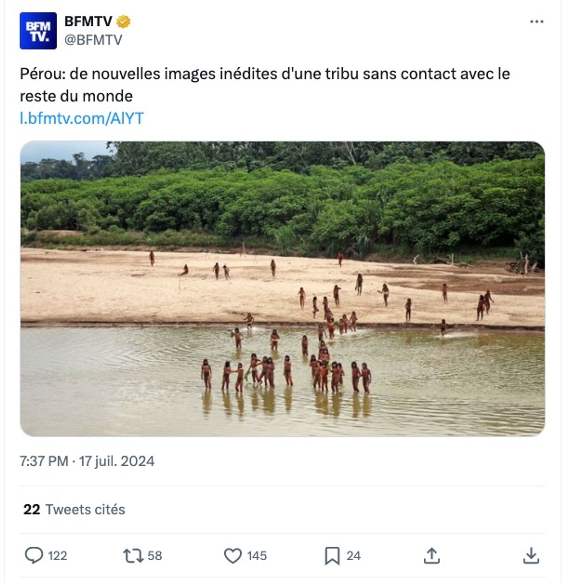 Tweet de BFMtv : «Pérou: de nouvelles images inédites d'une tribu sans contact avec le reste du monde»