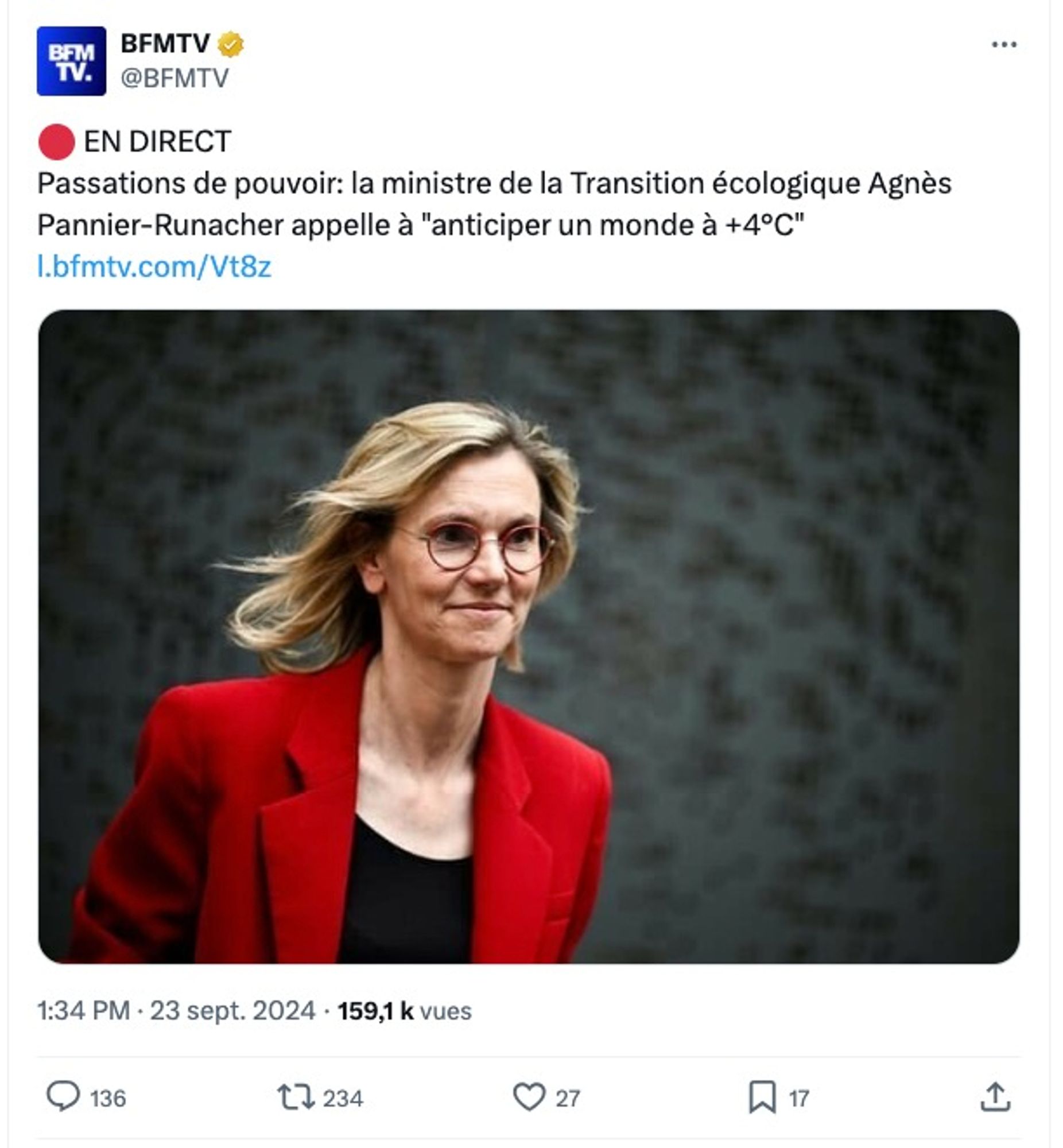 Tweet de BFMtv : «Passations de pouvoir: la ministre de la Transition écologique Agnès Pannier-Runacher appelle à "anticiper un monde à +4°C"»