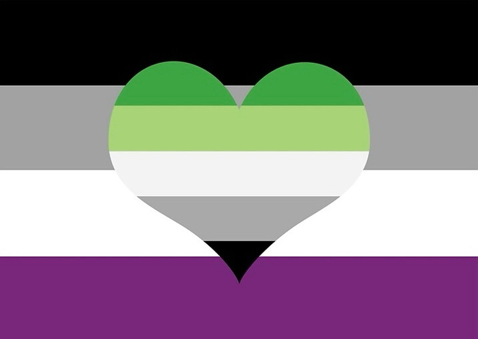 A cartoon heart-shaped cutout of the aromantic flag overlaying the asexuality flag background