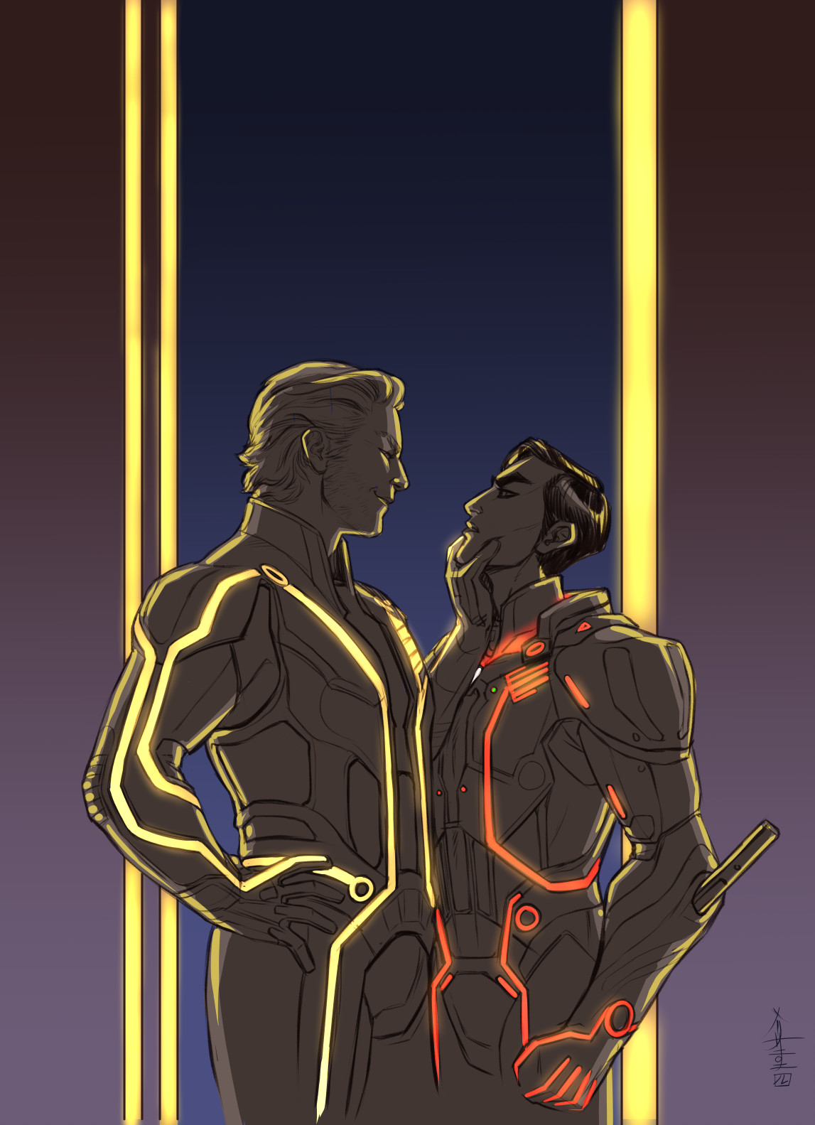 simple color style of Clu (in yellow lights) and Dyson (in red lights), backlit by yellow light on a dark background. Dyson is none too happy while Clu smirks.