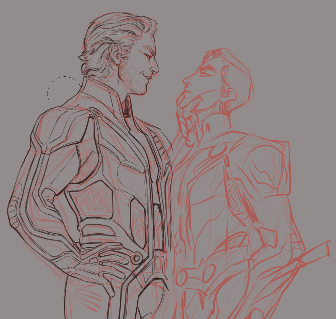 Tron fanart nonsense- drawing in progress of Clu grabbing Dyson by the jaw. Clu's got a smug grin and Dyson is not happy.