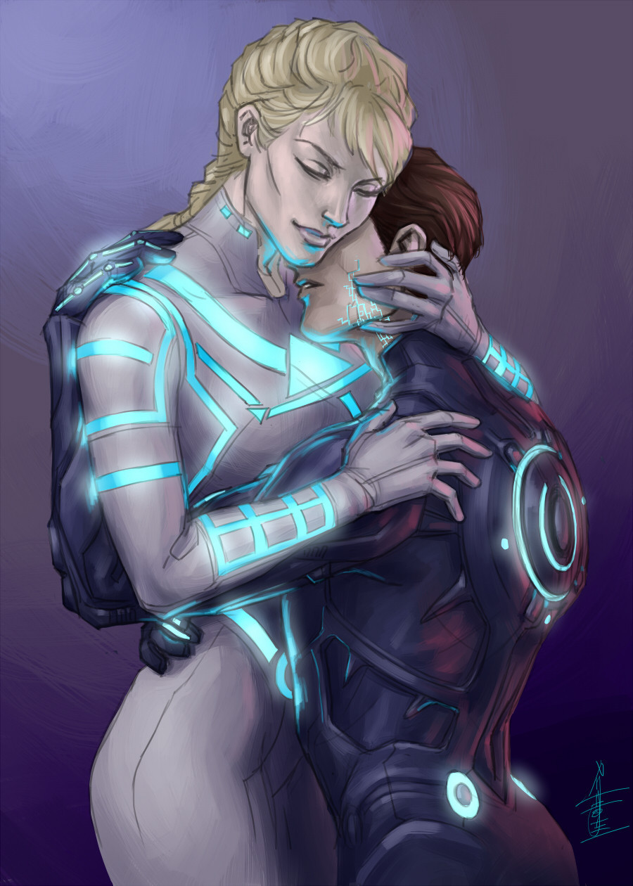 Tron fanart, Yori in a Legacy style suit, embracing Rinzler/Tron, both have blue circuits.