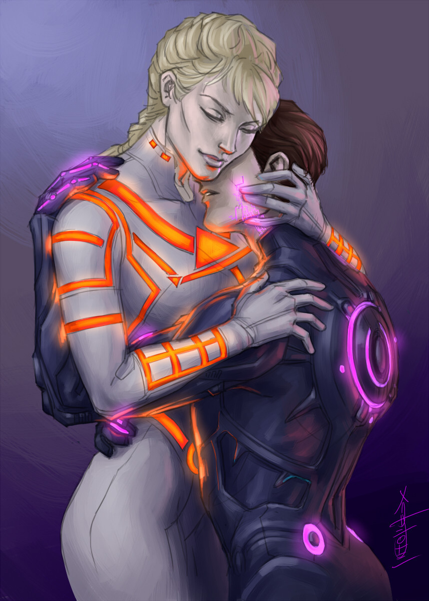 Tron fanart, Yori in a Legacy style suit, embracing Rinzler/Tron, only she has red circuits, and his have shot off into the purple. 

I know some of you know EXACTLY what that means.