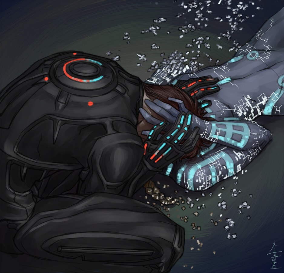 Tron fanart- Rinzler/Tron is hunched over Yori lying on the ground, her hand gently holding his head, and his hand over hers, his other resting on her torso, but her head is hidden, voxels scattered around, her other arm missing, and his circuit colors are bleeding from red to blue as he is visibly in grief.