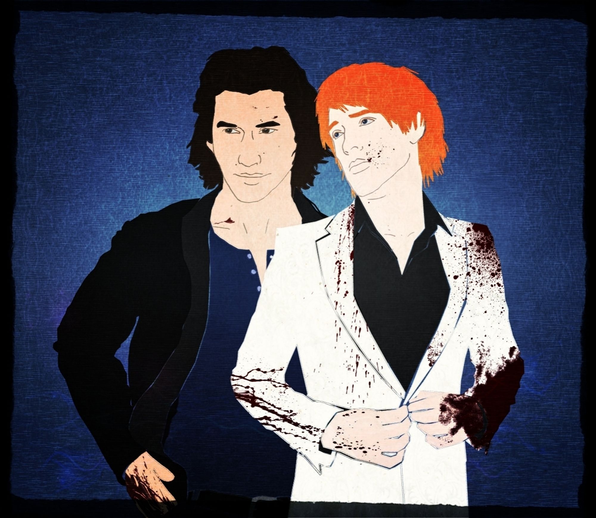 art depicting a modern au of Kylo and Hux as assassins, both coated in splashes of blood