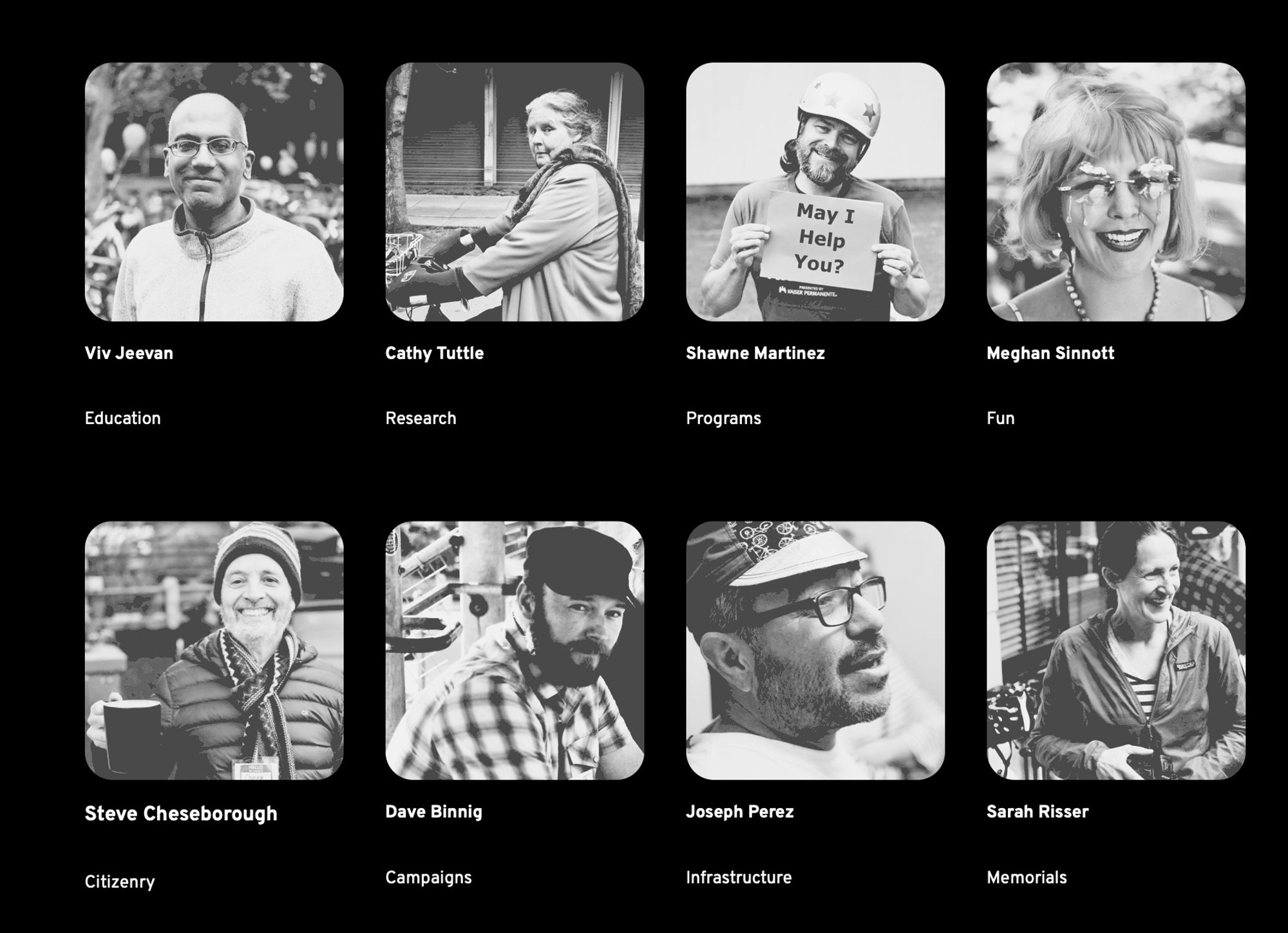 8 of the 16 BikeLoud Board members: Viv Jeevan, Cathy Tuttle, Shawne Martinez, Meghan Sinnott, Steve Cheseborough, Dave Bining, Joseph Perez, Sarah Risser.