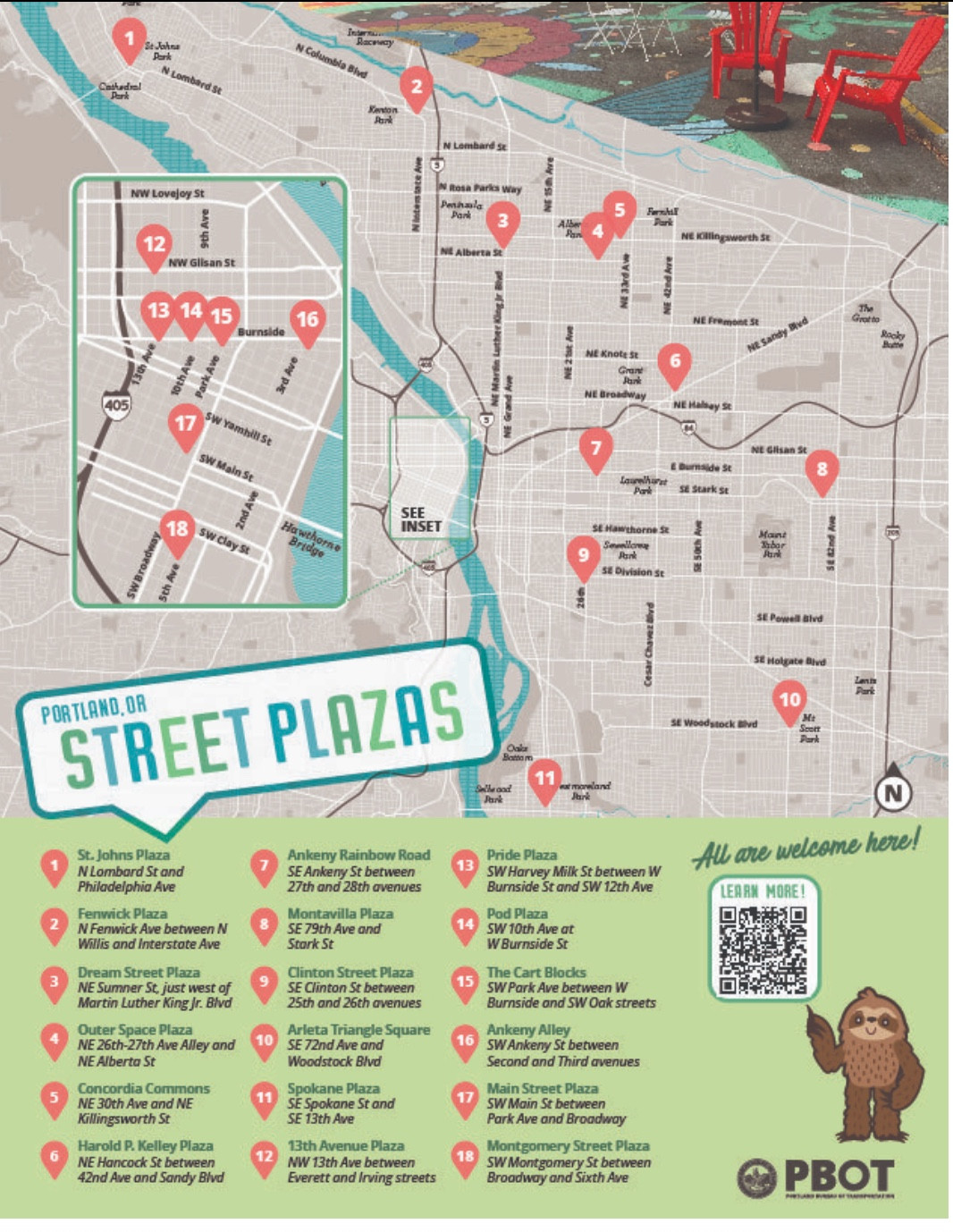 A map from PBOT with a list of all of the locations of Street Plazas.