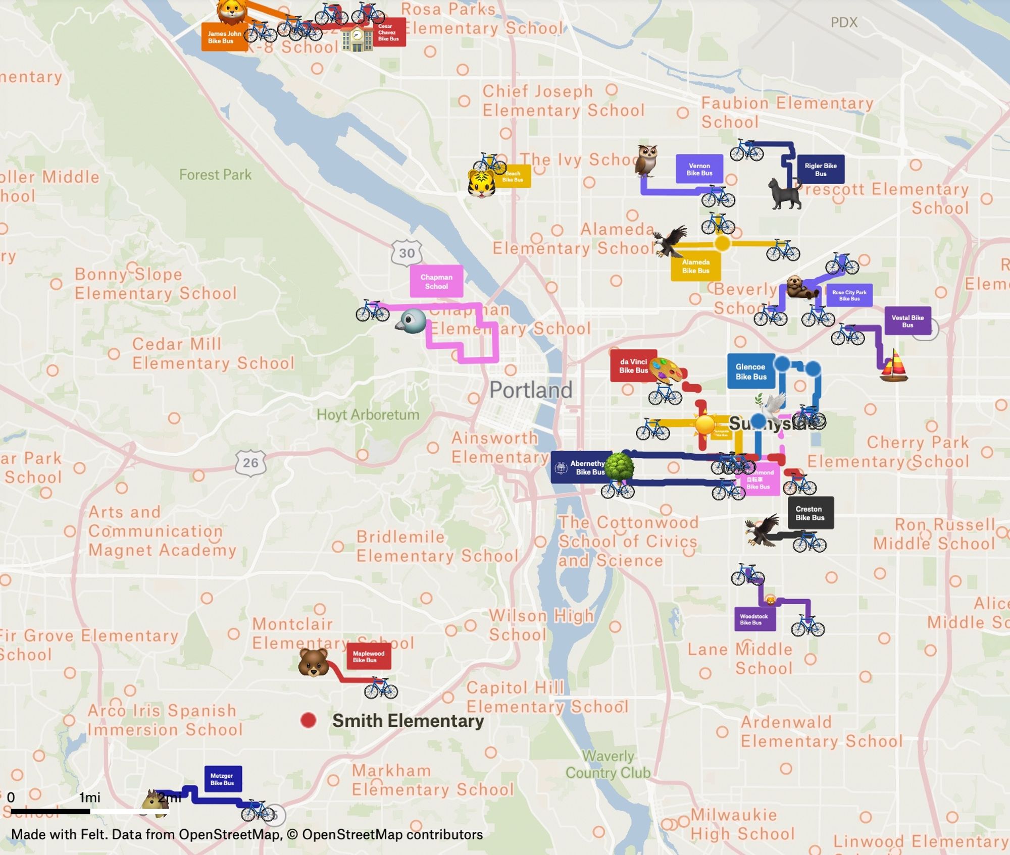 Map of Portland, overlaid with colorful icons and routes children and their caretakers use for their #BikeBus trips to school.