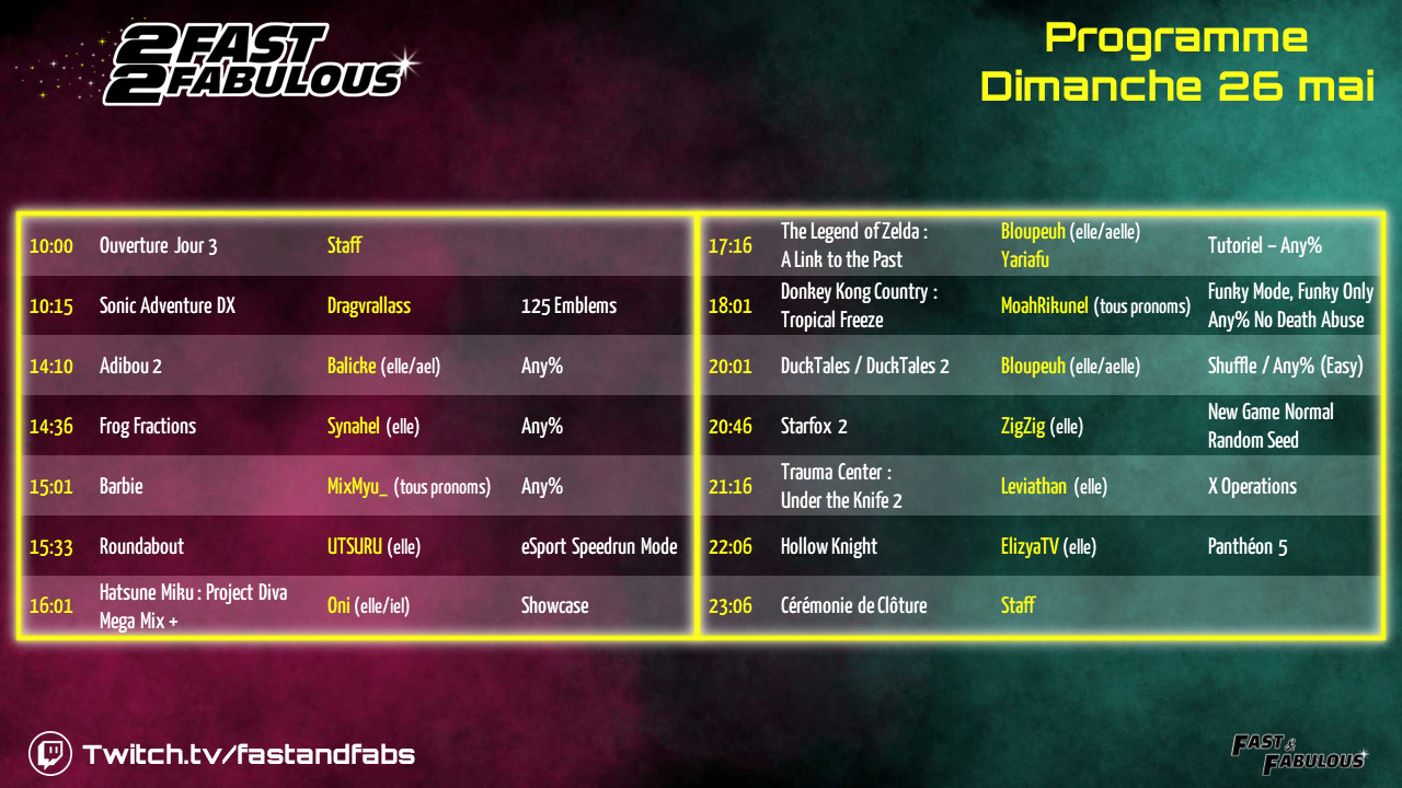 2 Fast 2 Fabulous
Planning Dimanche 26 Mai

10:00 - Ouverture Jour 3
10:15 - Sonic Adventure DX - 125 Emblems par Dragvrallass
14:10 - Adibou 2 - Any% par Balicke (elle/ael)
14:36 - Frog Fractions - Any% par Synahel (elle)
15:01 - Barbie - Any% par MixMyu_ (tous pronoms)
15:33 - Roundabout - eSport Speedrun Mode par UTSURU (elle)
16:01 - Hatsune Miku : Project Diva Mega Mix + - Showcase par Oni (elle/iel)
17:16 - The Legend of Zelda : A Link to the Past - Tutoriel Any% par Bloupeuh (elle/aelle) & Yariafu
18:01 - Donkey Kong Country : Tropical Freeze - Any% No Death Abuse (Funky Mode, Funky Only) par MoahRikunel (tous pronoms)
20:01 - DuckTales/DuckTales 2 - Shuffle/Any% (Easy) par Bloupeuh (elle/aelle)
20:46 - Starfox 2 - New Game Normal (Random Seed) par ZigZig (elle)
21:16 - Trauma Center : Under the Knife 2 - X Operations par Leviathan (elle)
22:06 - Hollow Knight - Panthéon 5 par ElizyaTV (elle)
23:06 - Cérémonie de Clôture

Chaîne Twitch : twitch.tv/FastandFabs